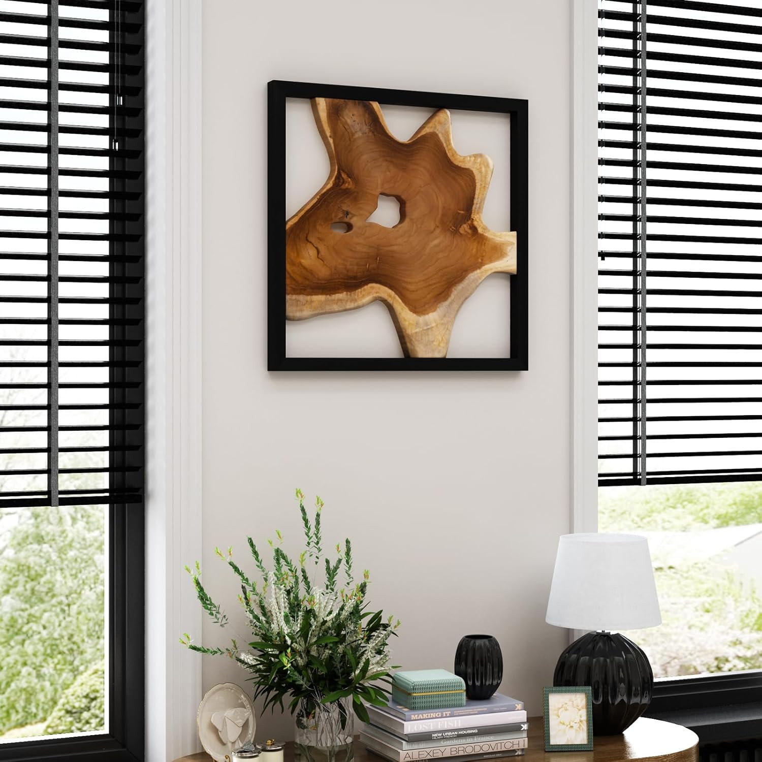 Rustic Live Edge Teak Wood Wall Art – 2 Pack with Black Frame, 17″x17