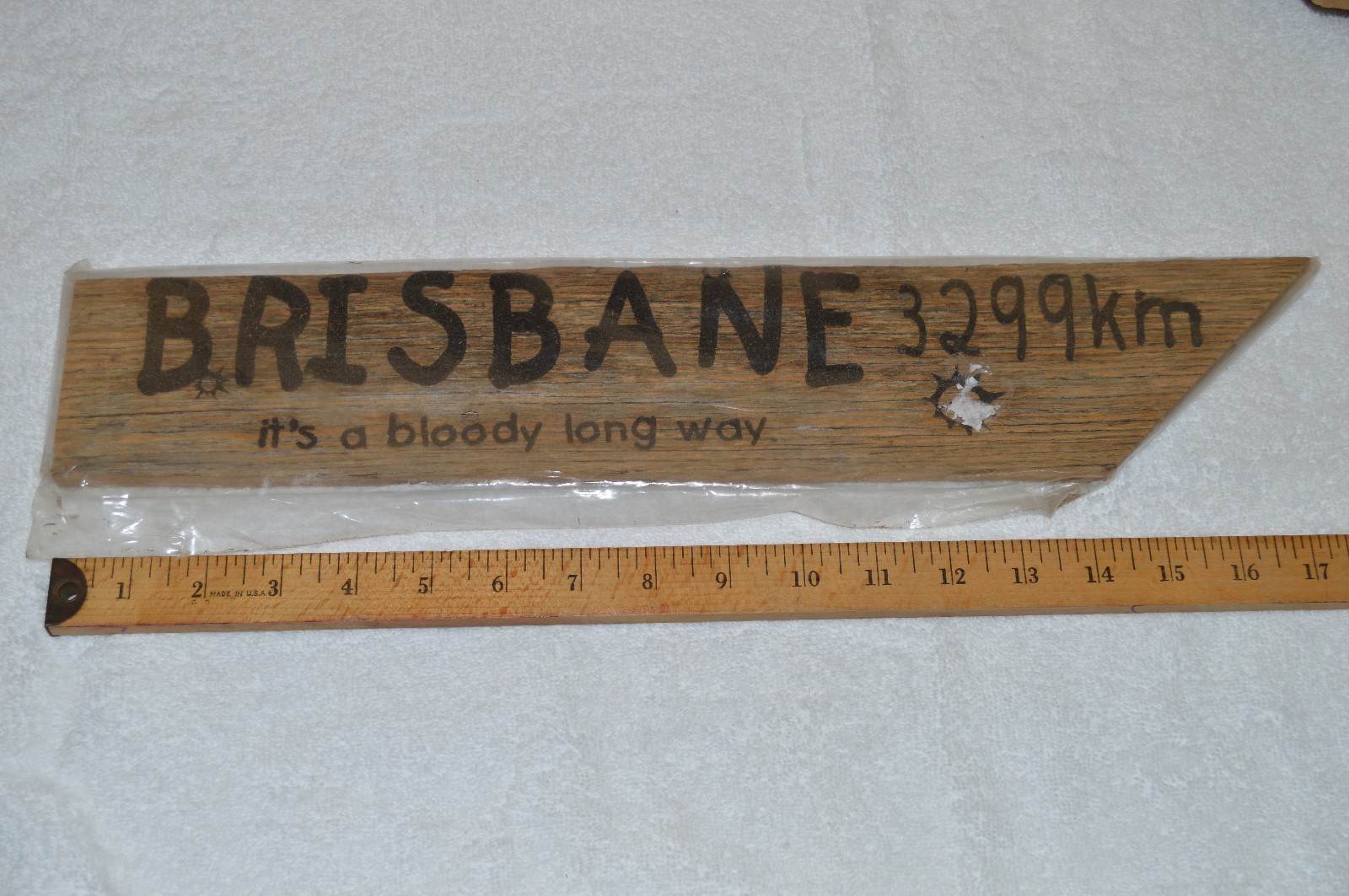 Vtg Primitive Brisbane Wood Handmade Road Sign from Australia Bloody Long Way
