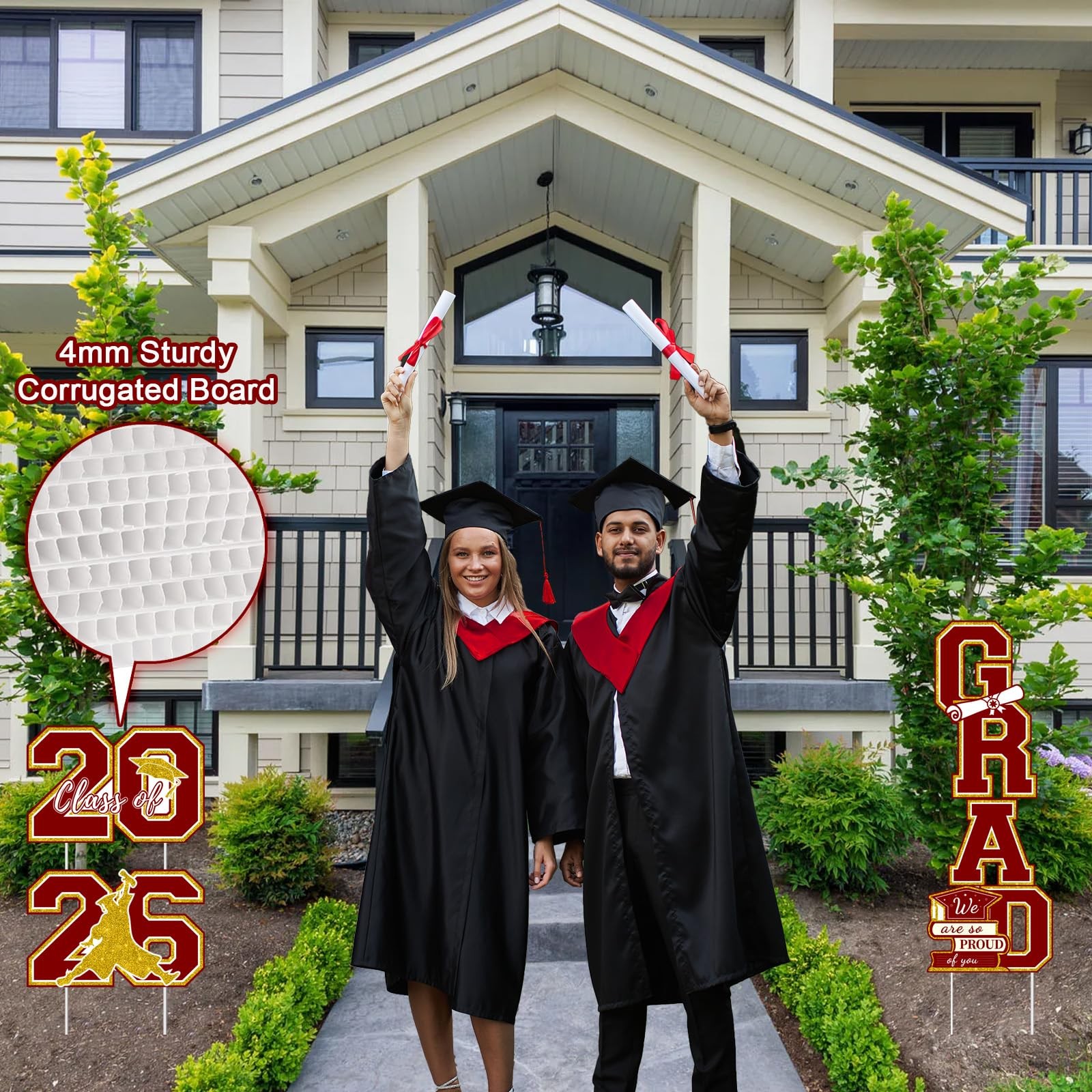 Maroon and Gold Graduation Decorations Class of 2026 Yard Signs – 4Pcs Large Bur