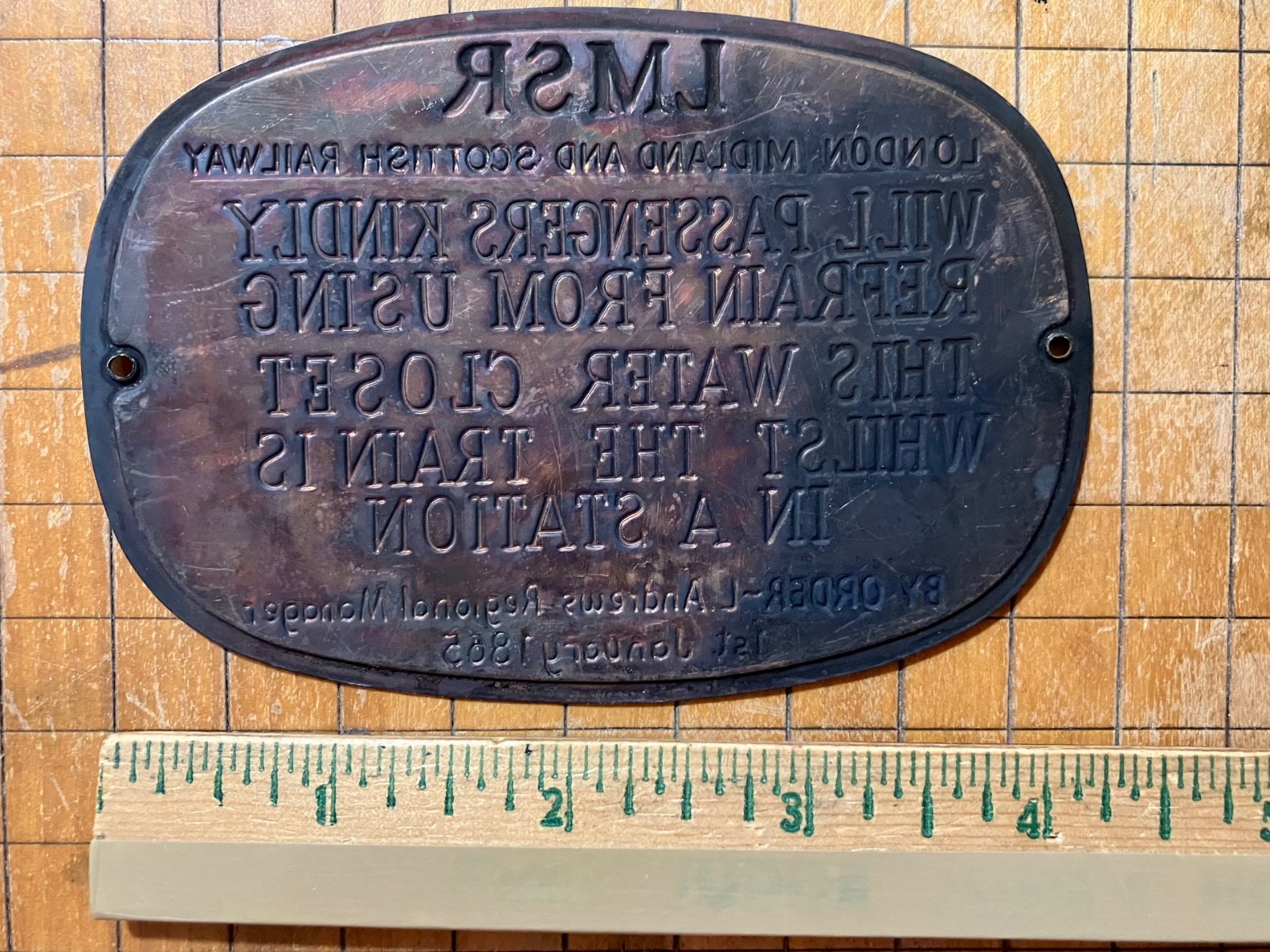 LMSR London Midland Scottish Railway Brass Plaque Novelty Water Closet Sign 1865