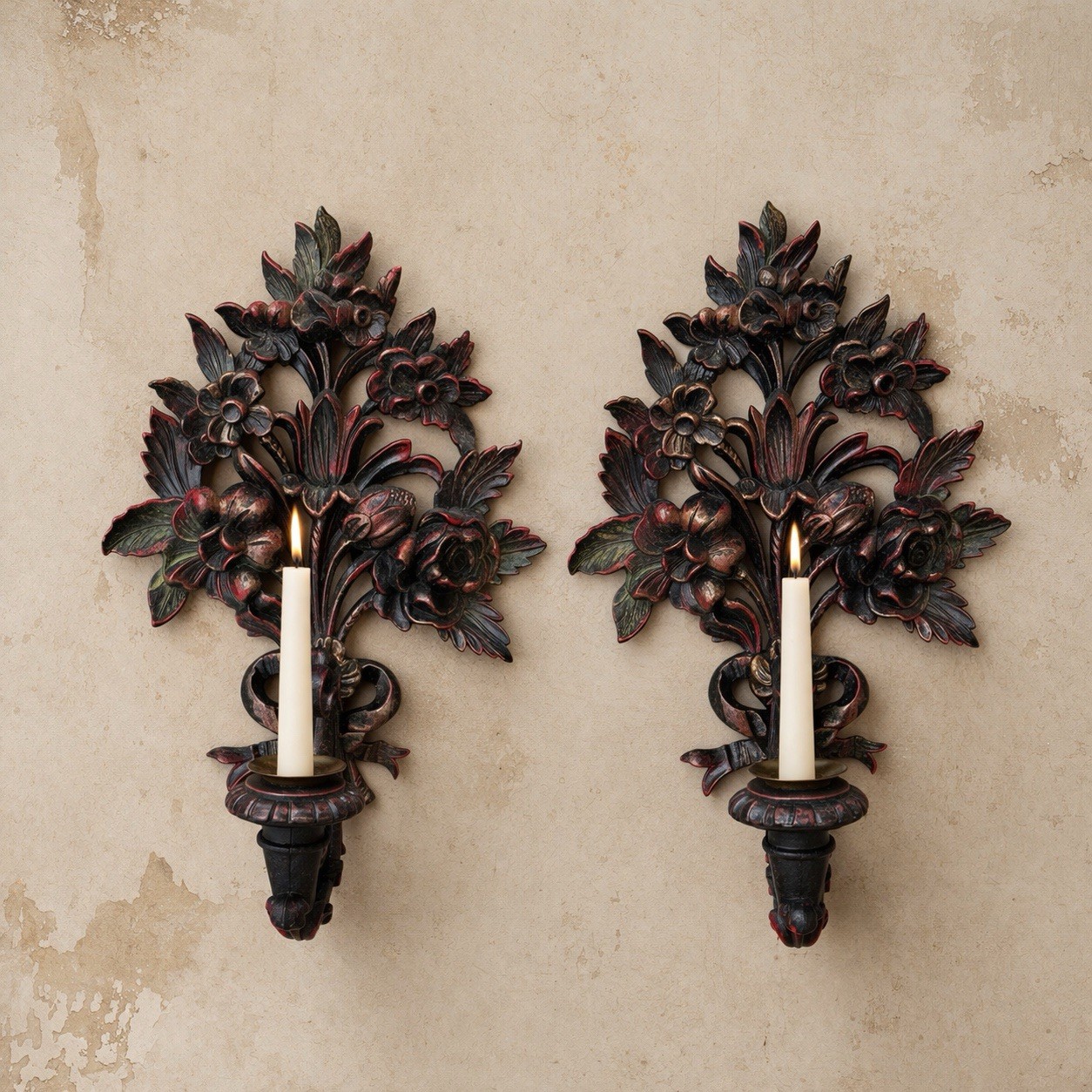 VTG 2 Whimsigoth Italy Wall Sconce Roses Bows Bronze Candle Holders Resin Rococo
