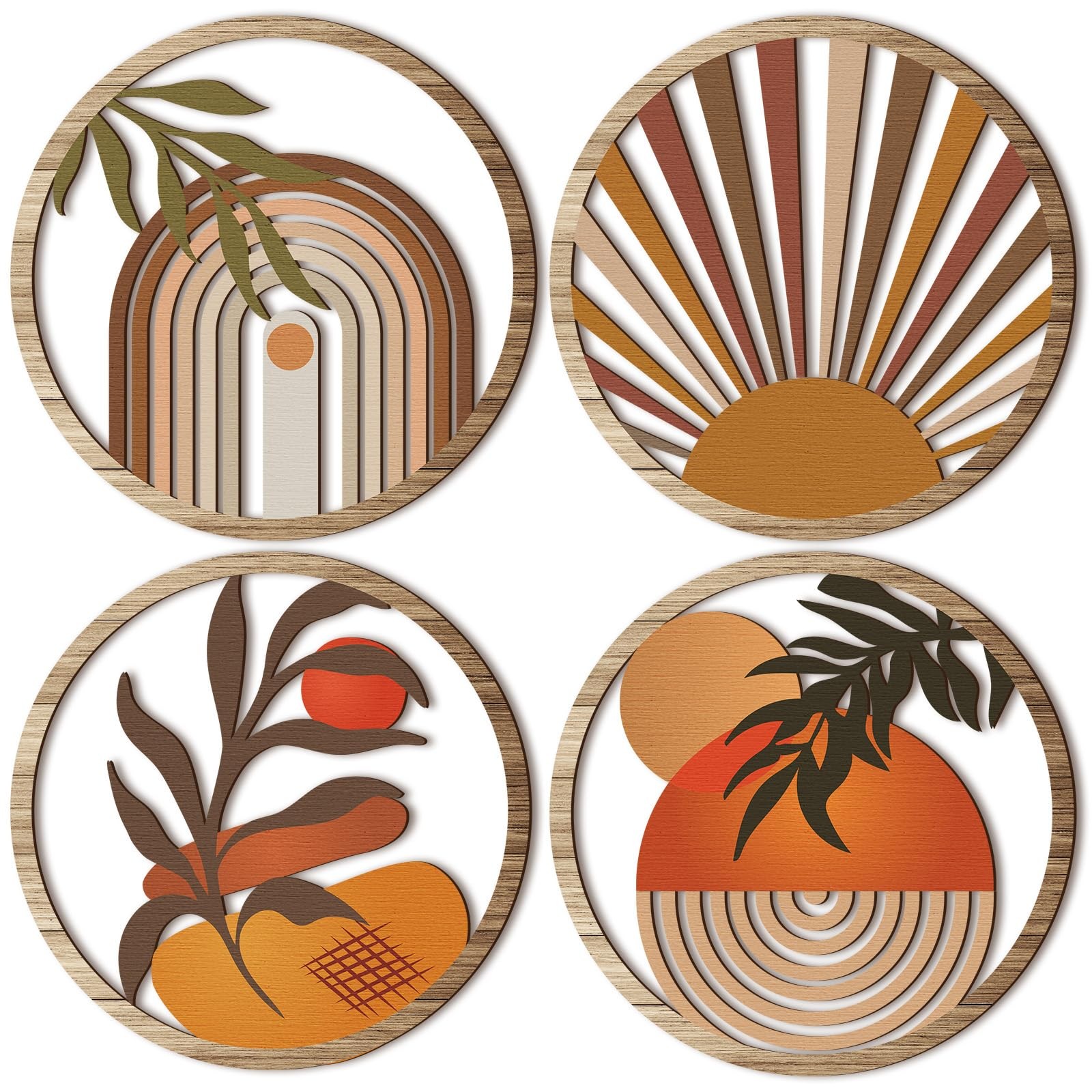 4 Pcs Boho Wall Art Bohemian Wooden Round Circle Wall Decor Hollow out Hangin…