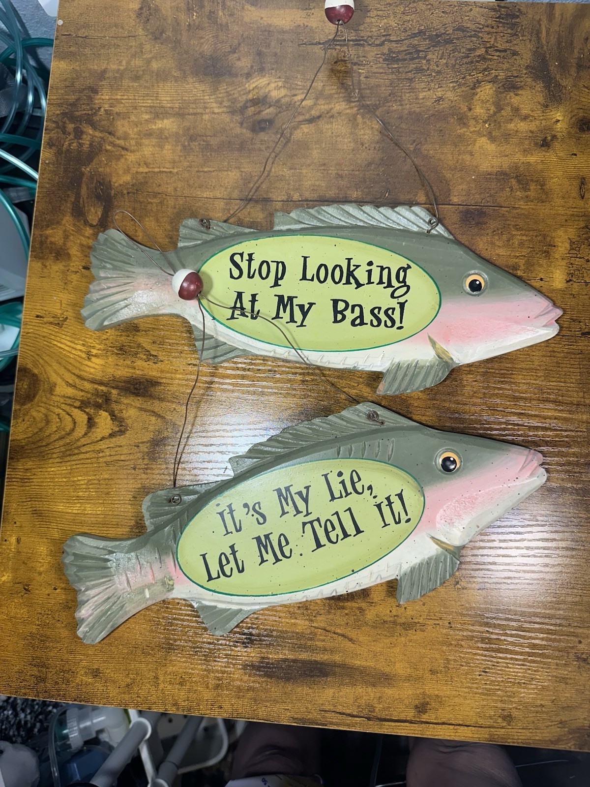 2 Wood Bass Fish Signs Fishing Hanging Rustic Cabin Decor Funny Gift Fisherman