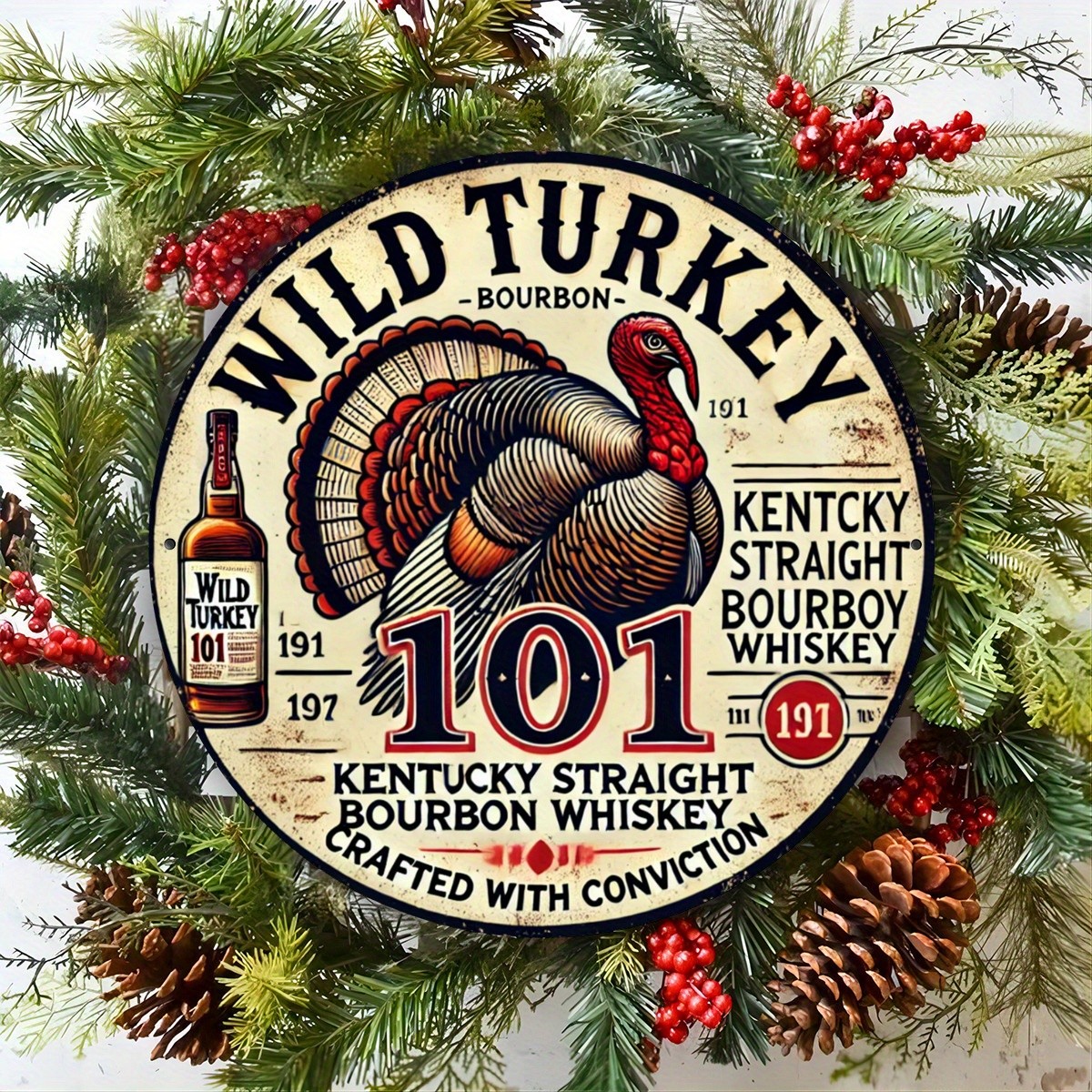 Tin Metal Sign Wild Turkey Bourbon Whiskey Vintage Style Round 8×8