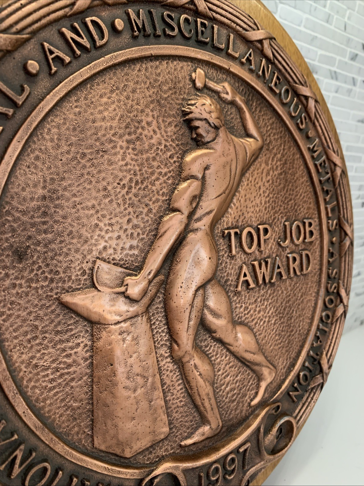 12″ Dia. Cast BRONZE Top Job Award Wall Plaque Naked Male Figure Forging Metal