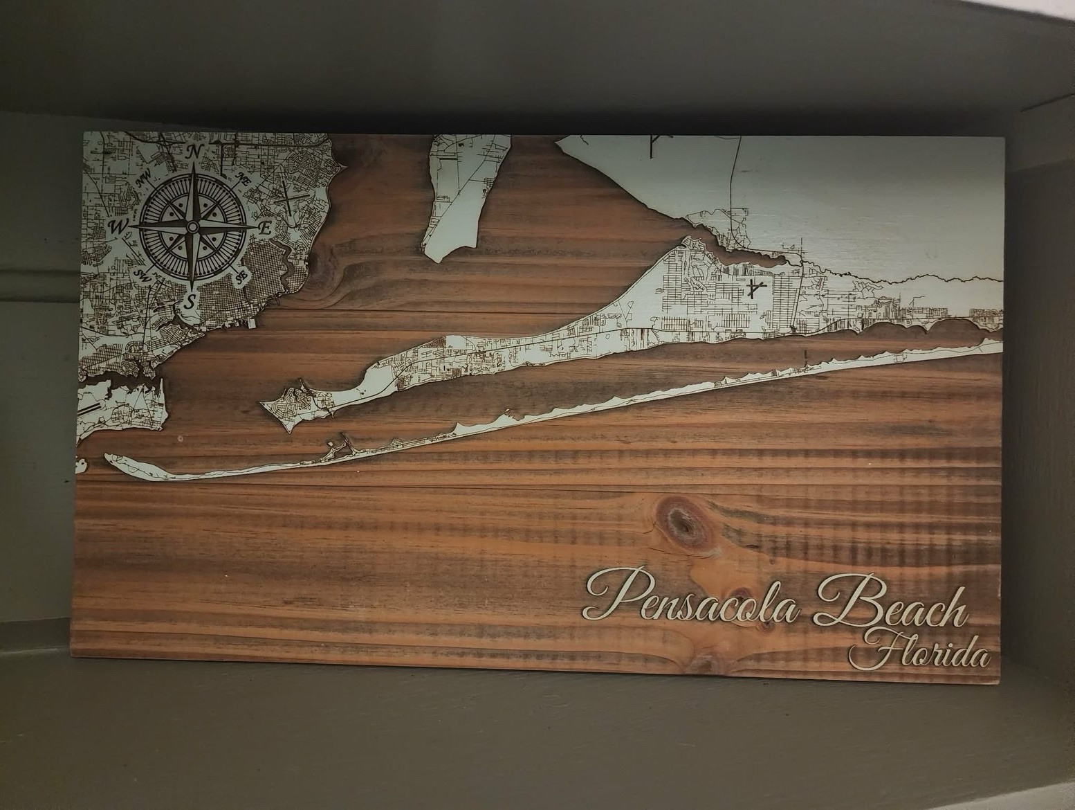 Pensacola Beach Florida Wooden Map Wall Plaque, Brown/White Nautical Decor