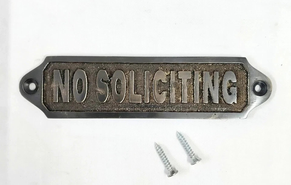 Vintage Solid Brass No Soliciting Door Sign Plaque Antique Nautical Decor