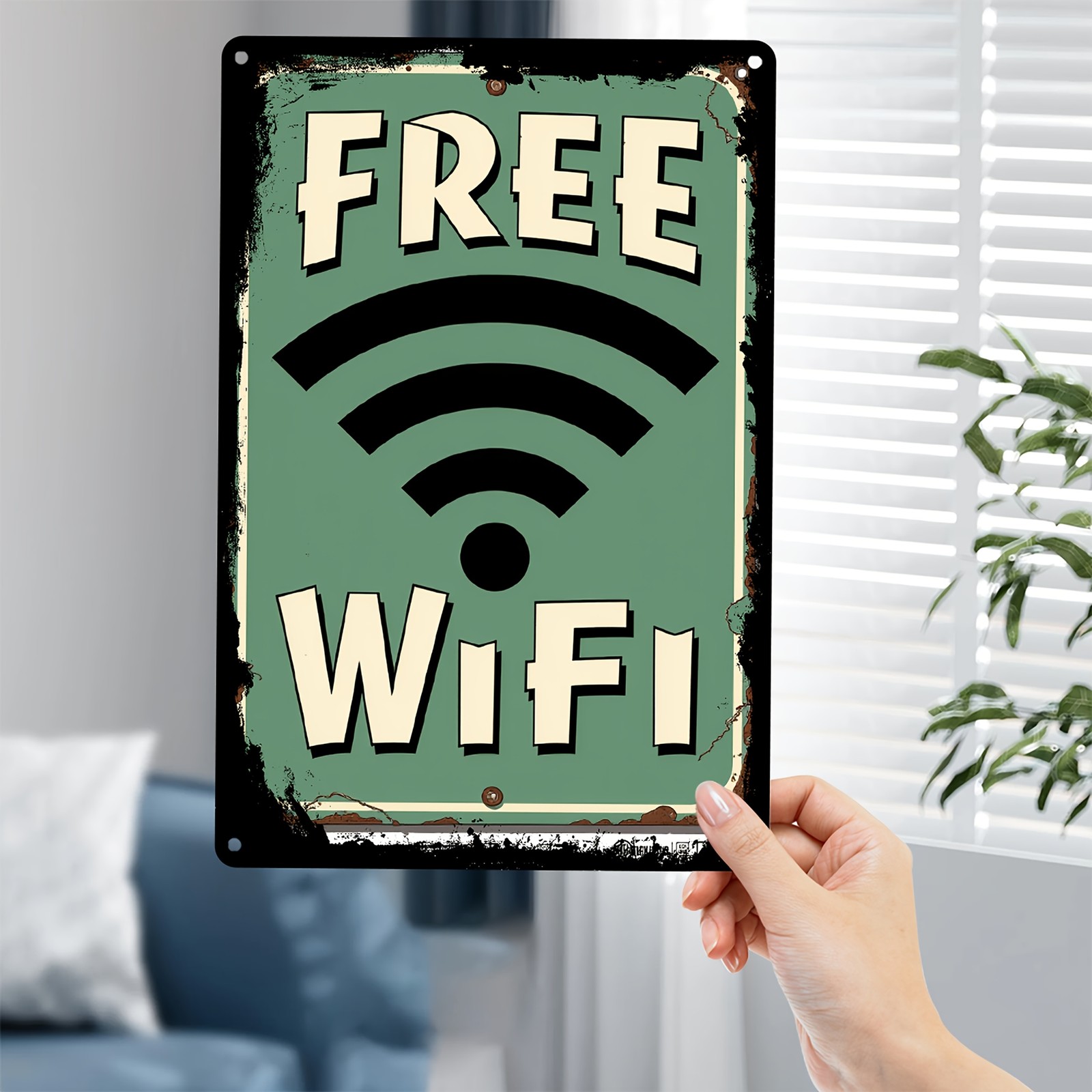 Vintage “Free WiFi” Metal Sign Rustic Green & Yellow 19.99×29.97cm