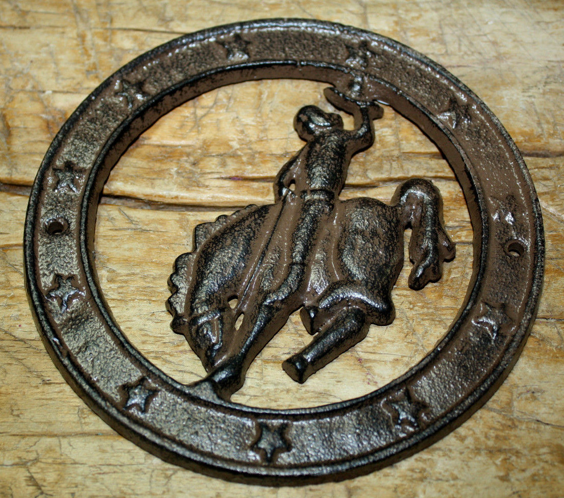 Cast Iron BRONCO Cowboy Plaque Sign Rustic Ranch Wall Decor TEXAS STAR HORSE