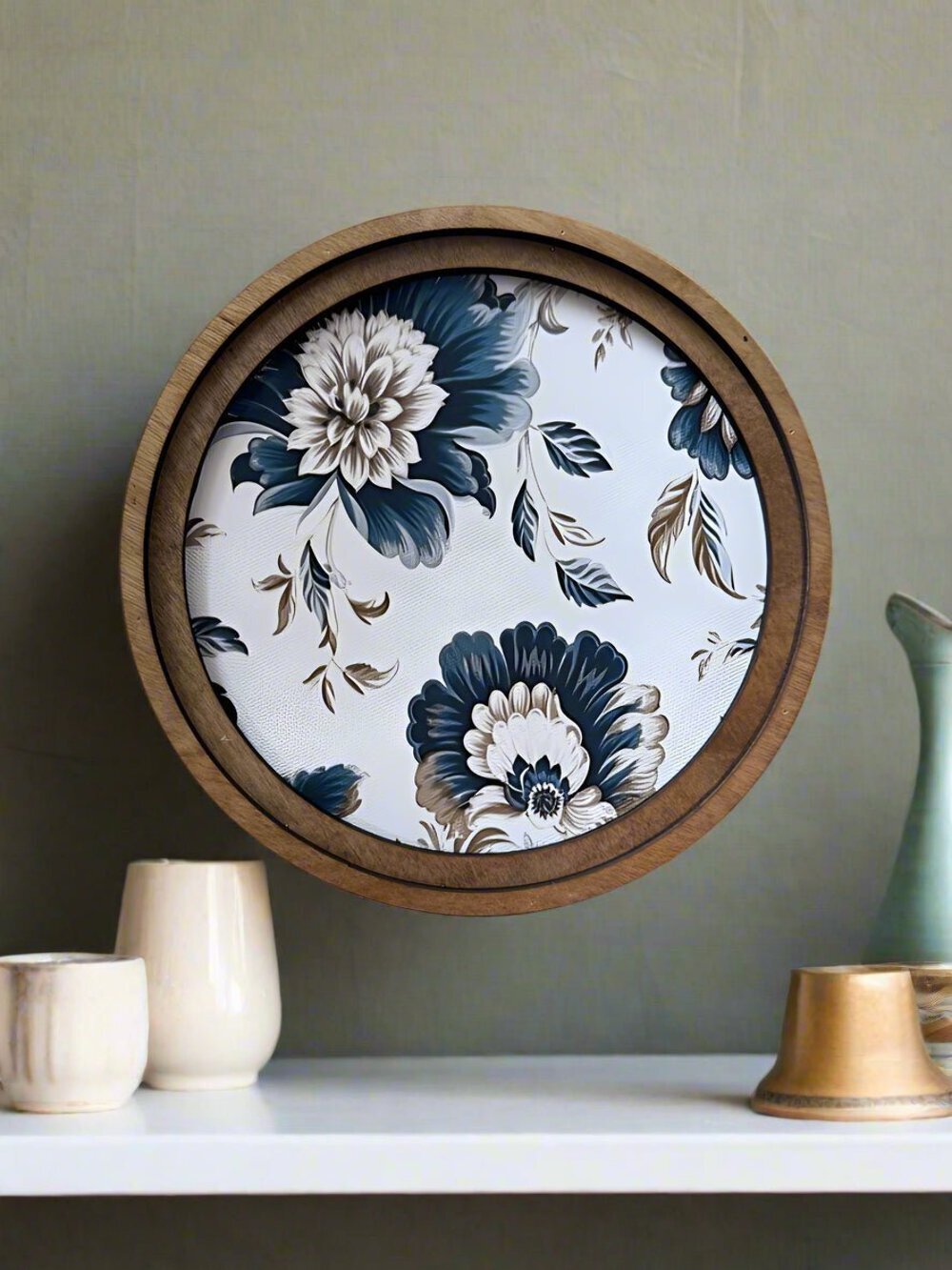 Handcrafted Retro 8″ Canvas on Wood Primitive Round Navy Tan Floral Framed Art