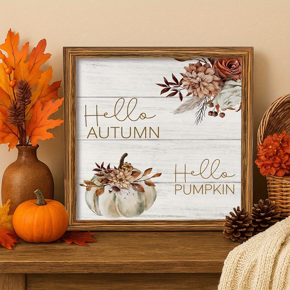 Wooden Frame Print Hello Autumn Hello Pumpkin Floral White Wood Wall Decor