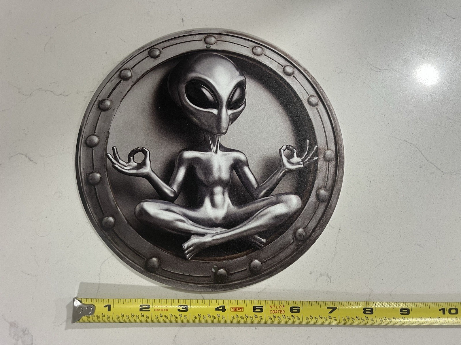 Alien Metal Round Wall Sign, 8in Matte Black Silver, Pre-drilled Holes, Modern