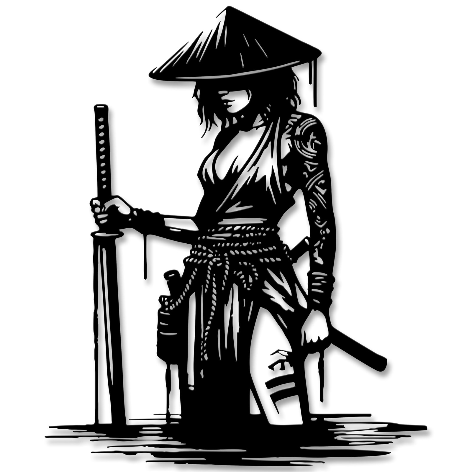 Japanese Wall Art,Anime Wall Art,Samurai Decor,Matte Black Female Warrior wit…