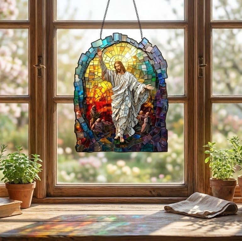 Jesus Resurrection Suncatcher, Christian Stained Glass Style Window Hanging
