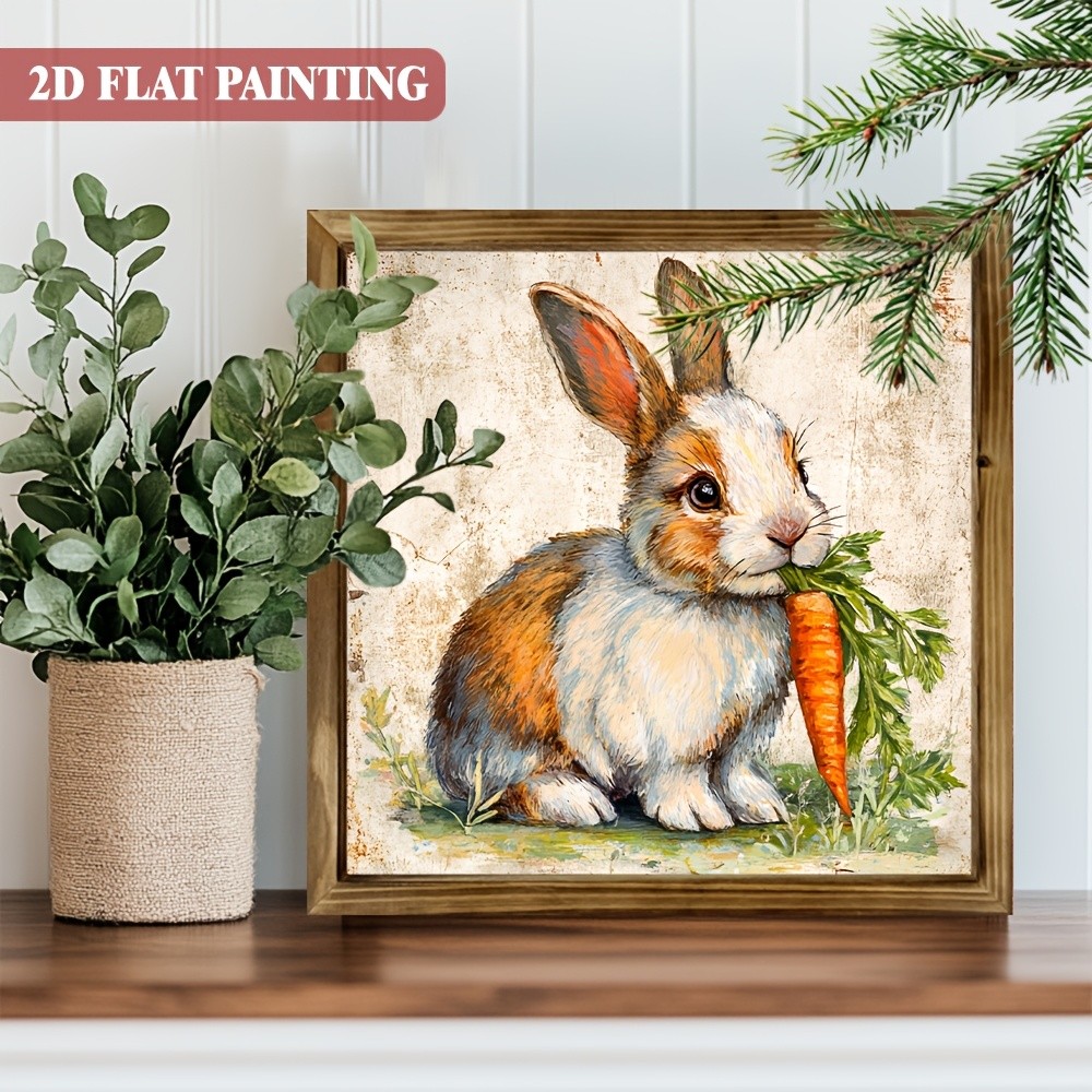 Easter Brown White Bunny With Carrot Wooden Plaque Vintage Farmhouse Wall Decor