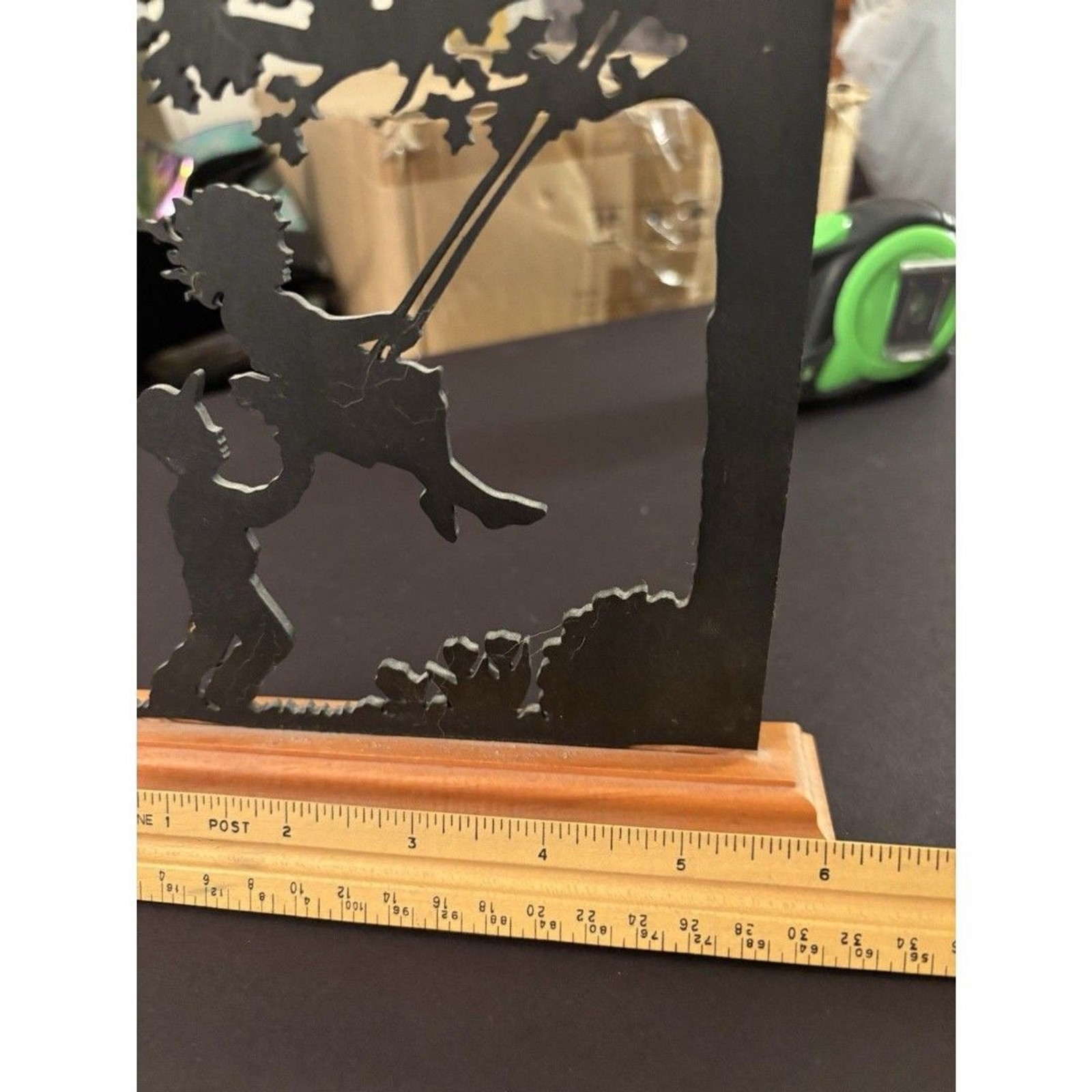 Vintage Silhouette Metal Art – Children on Swing – Black Cutout on Wood Base