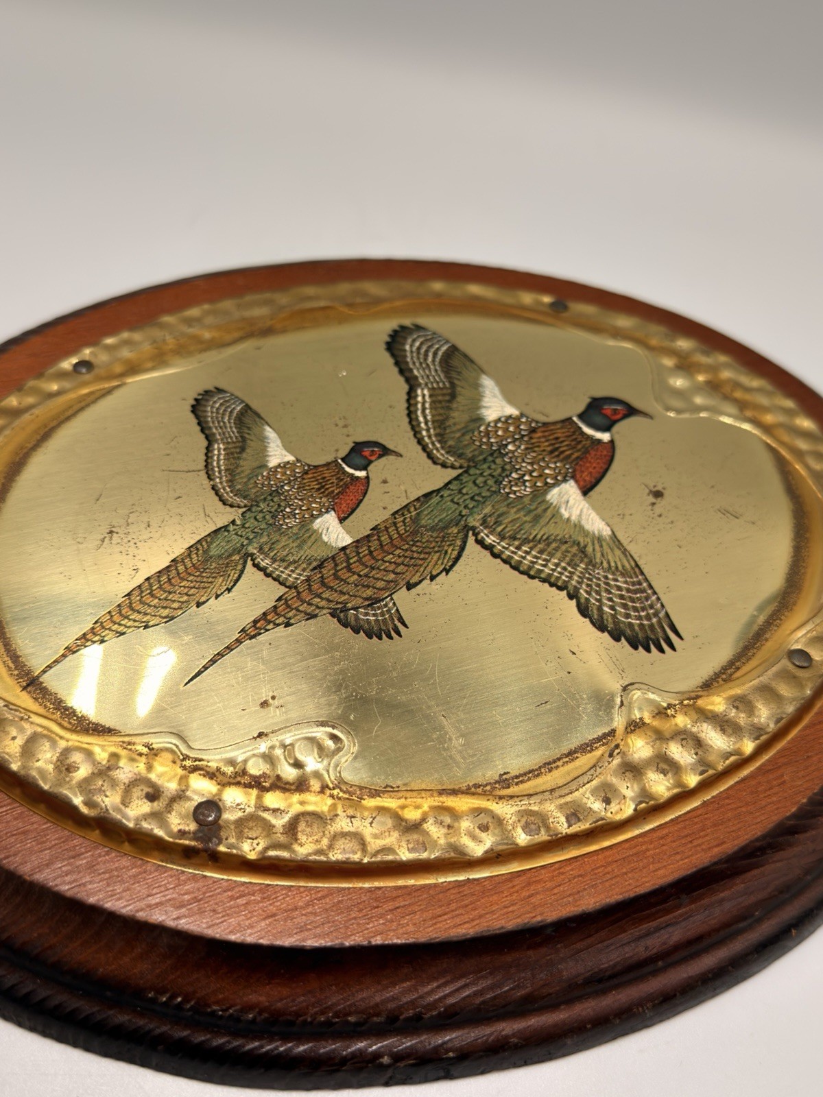Vintage Pheasant Wall Plaque Hand Painted Embossed Metal Hunting Cabin Decor