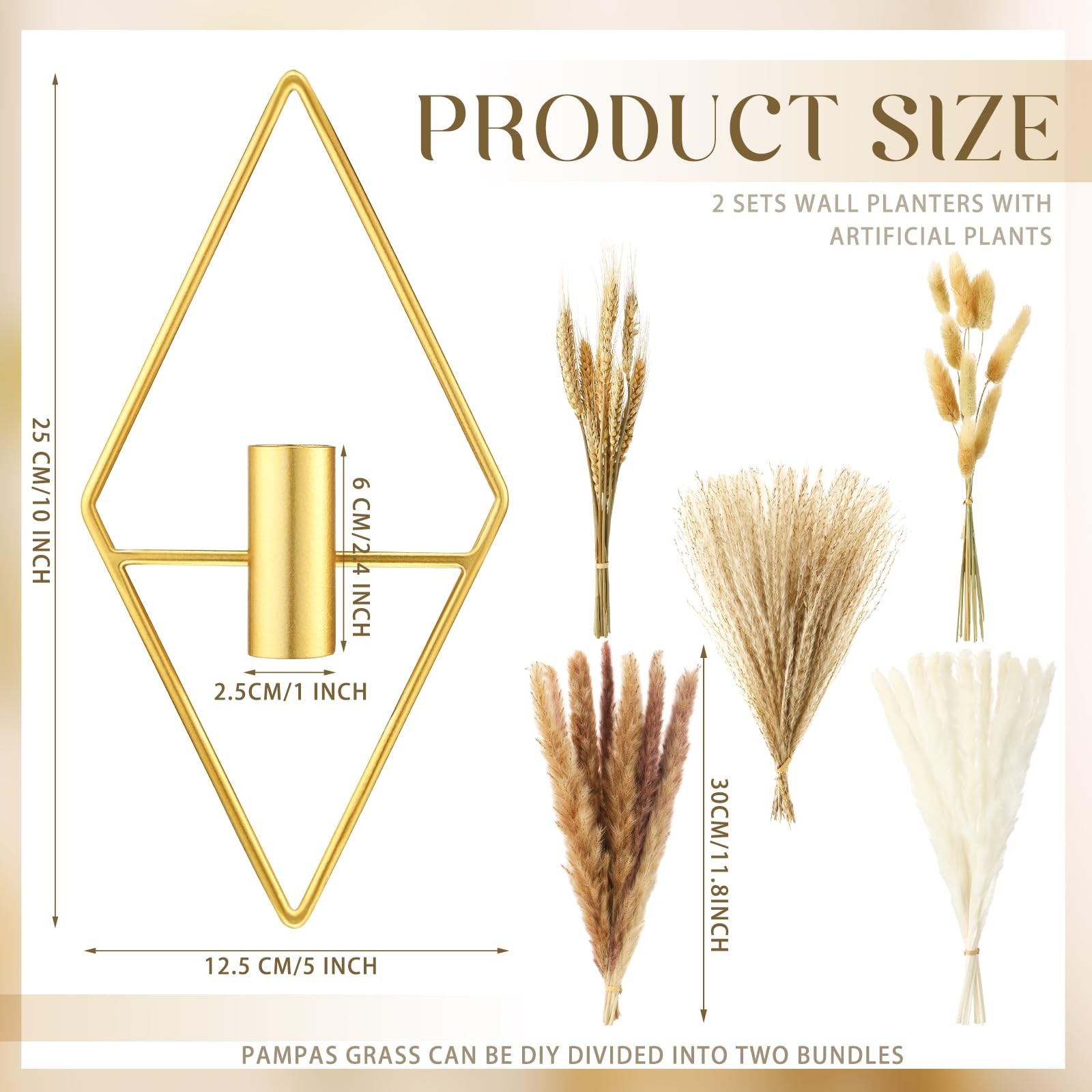 2 Pcs Small Boho Wall Decor Hanging Planters with Artificial Pampas Metal Wal…