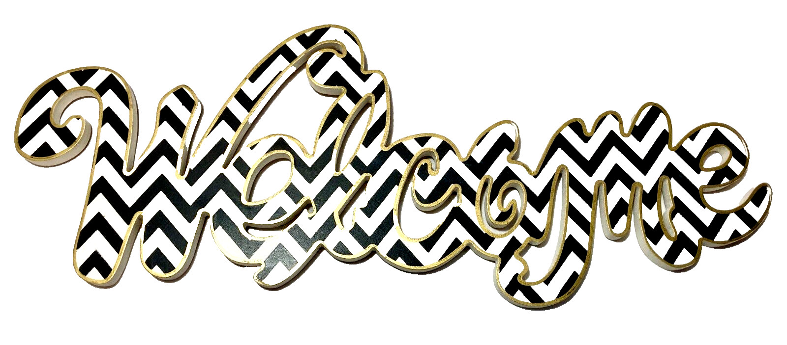 Chevron Black White Cursive Welcome Hanging Sign Wall Door Mounted
