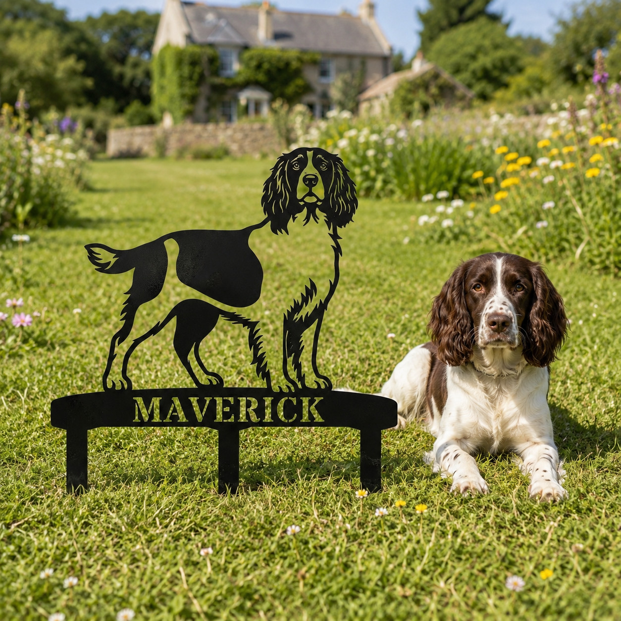 Personalized English Springer Spaniel Garden Metal Sign With Stakes And Name