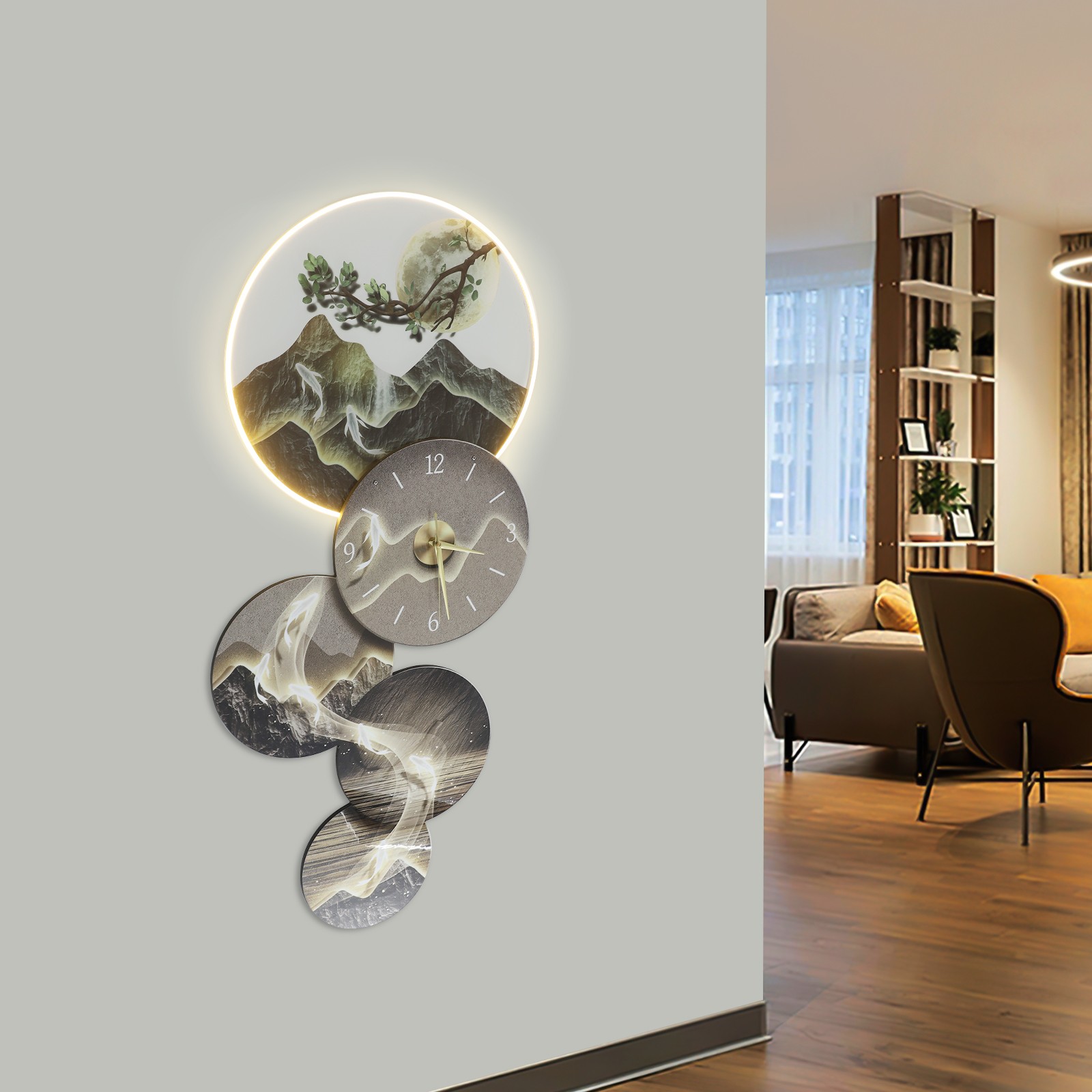 Home Wall Art Decor Hang Wall Art Decor with LED Light & Clock 47x100cm