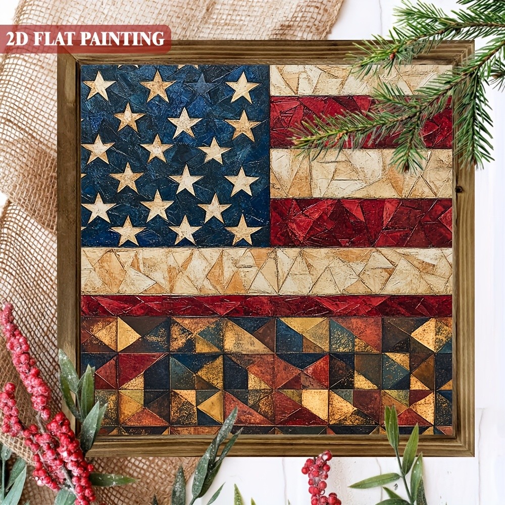 4th Of July Quilted American Flag Wooden Plaque Patriotic USA Home Decor Gift
