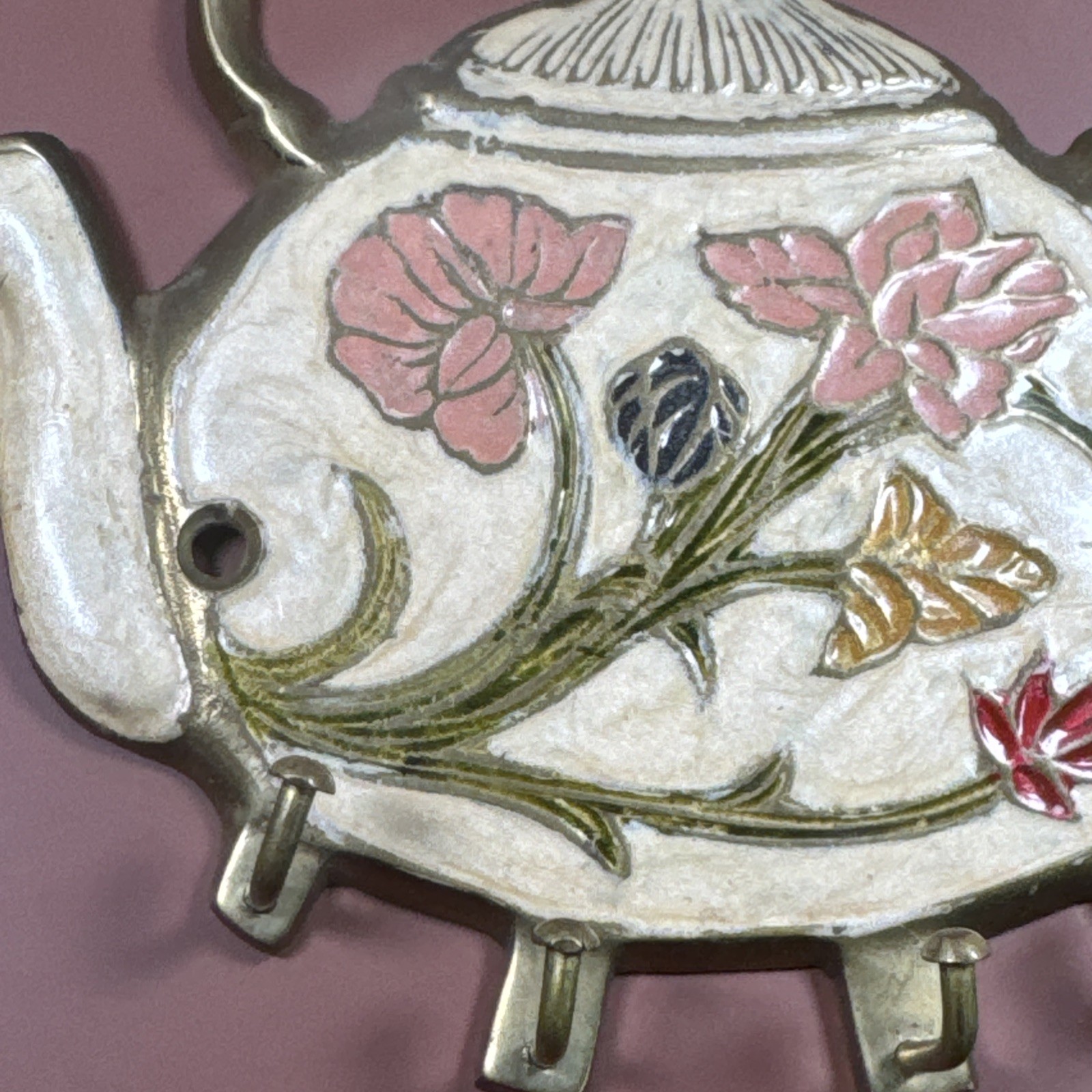Brass Kitchen Teapot Plaque w/Four Hooks Hang Keys Utensils Aprons Cloisonné