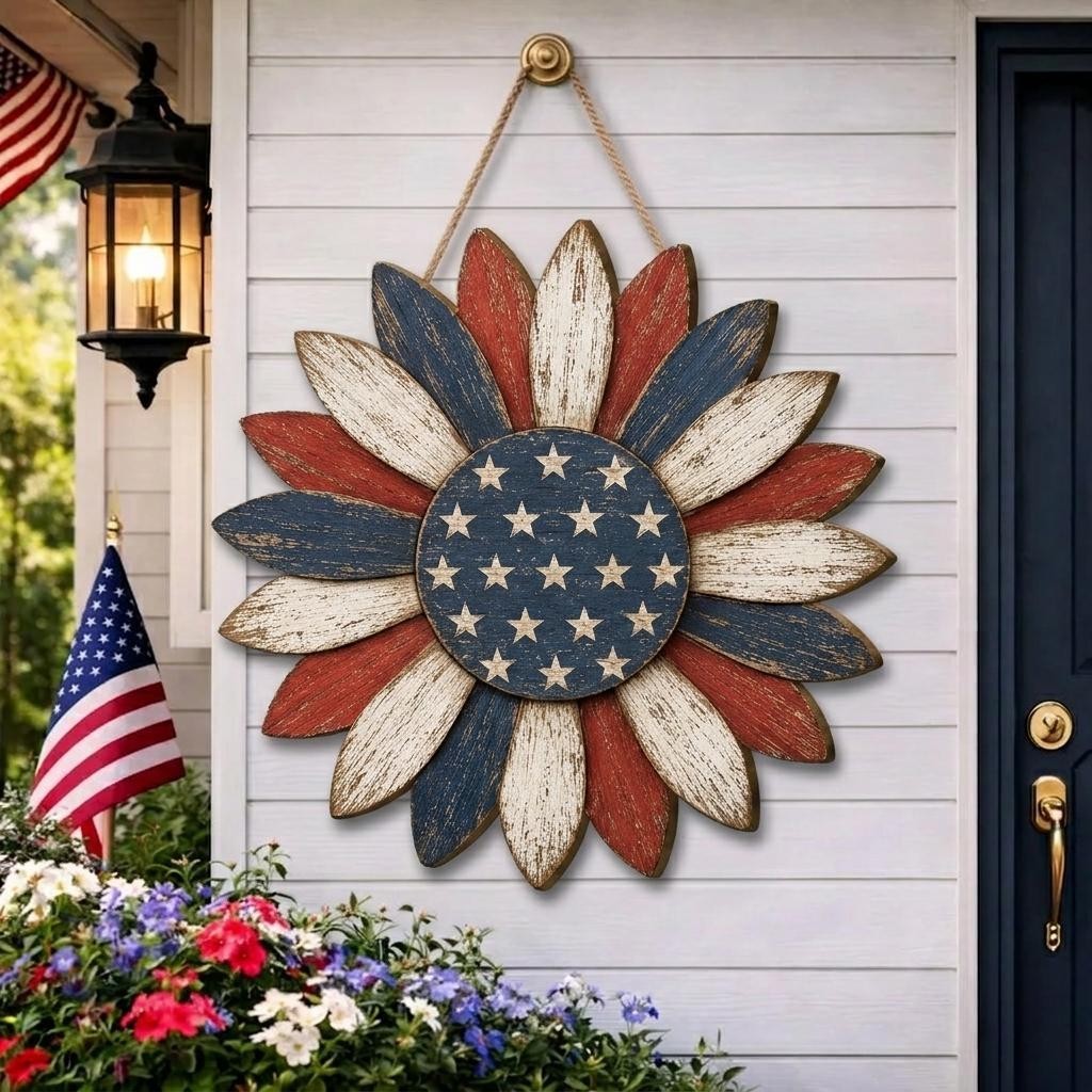 Patriotic Sunflower Door Hanger, Rustic Americana Wall Decor, 4th of July Front