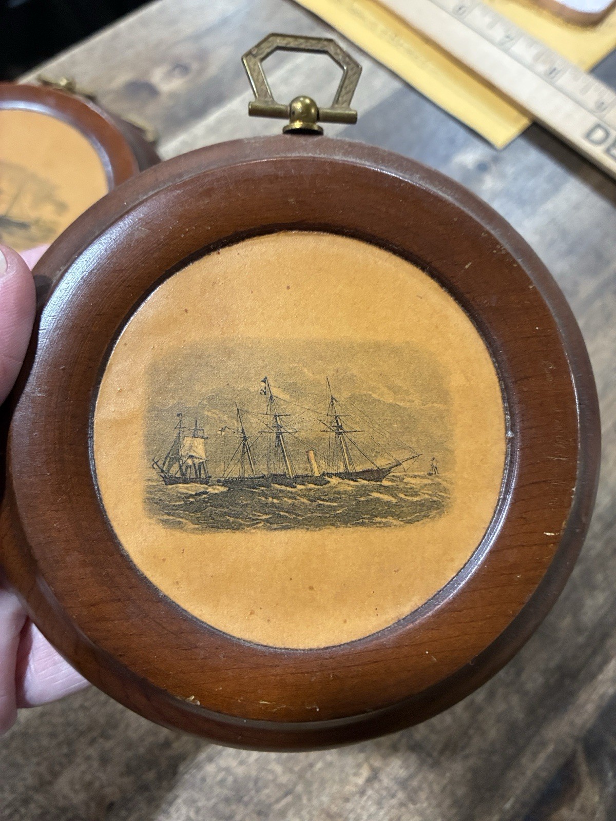 Wooden Ship Illustration Wall Hanging, Round, 4 Inch Diameter, Set of 4