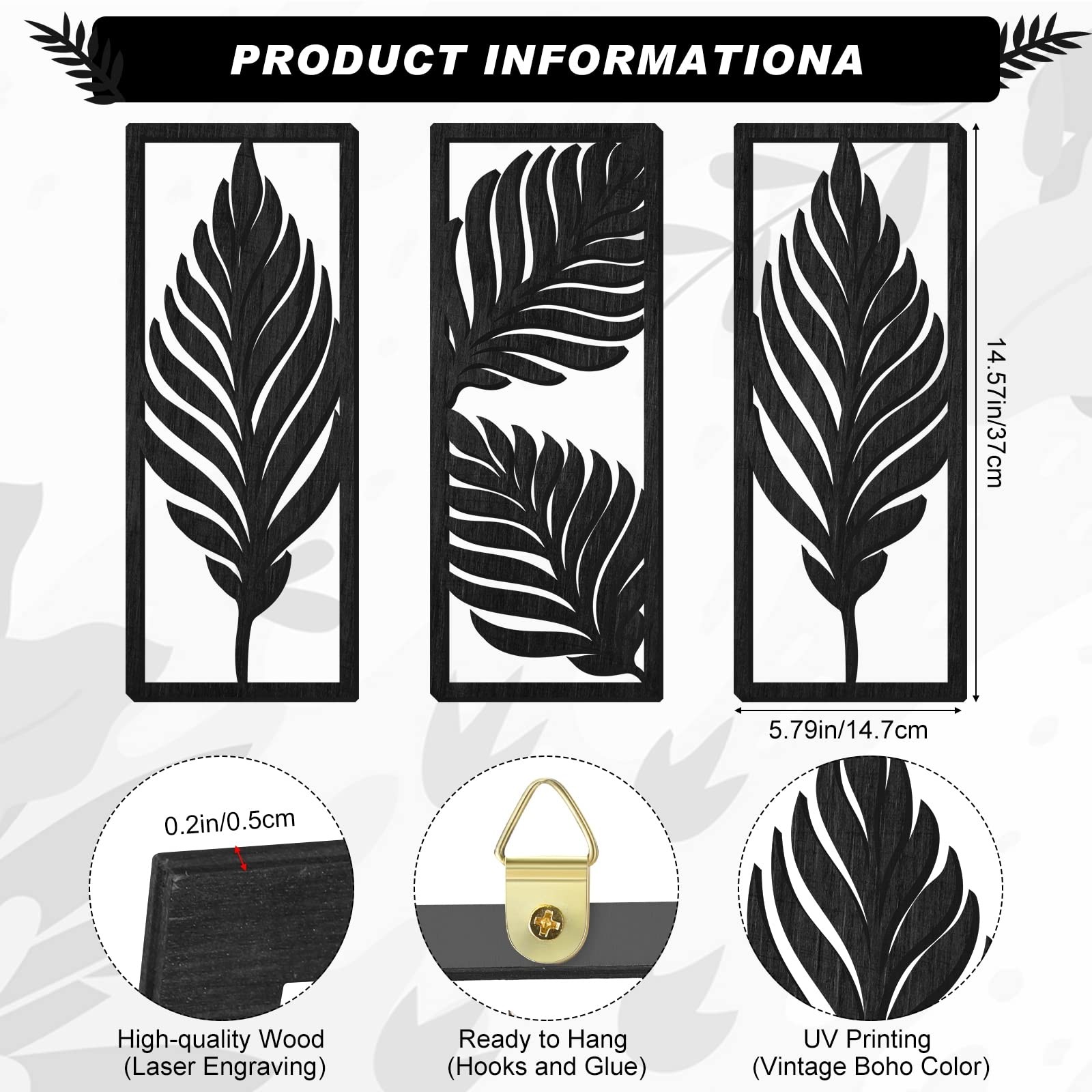 3 Pcs Palm Leaves Wooden Art Wall Decor 14.57 x 5.79 Inch Boho Wood Leaves Pl…