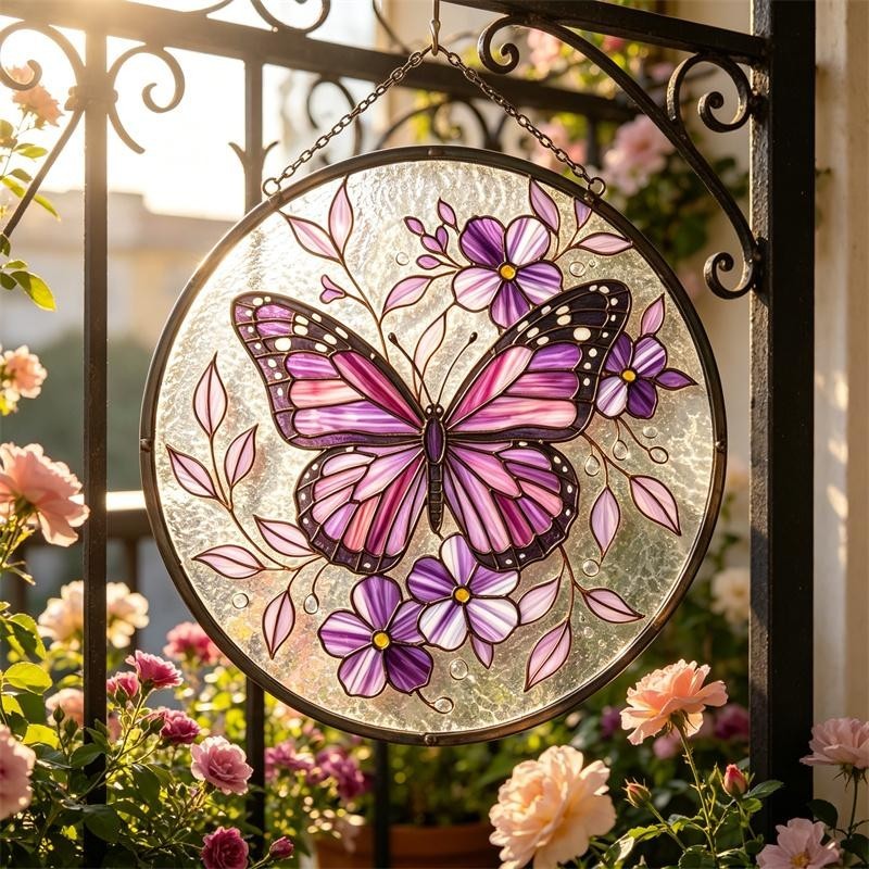 Purple Butterfly Stained Glass Suncatcher – Floral Window Art