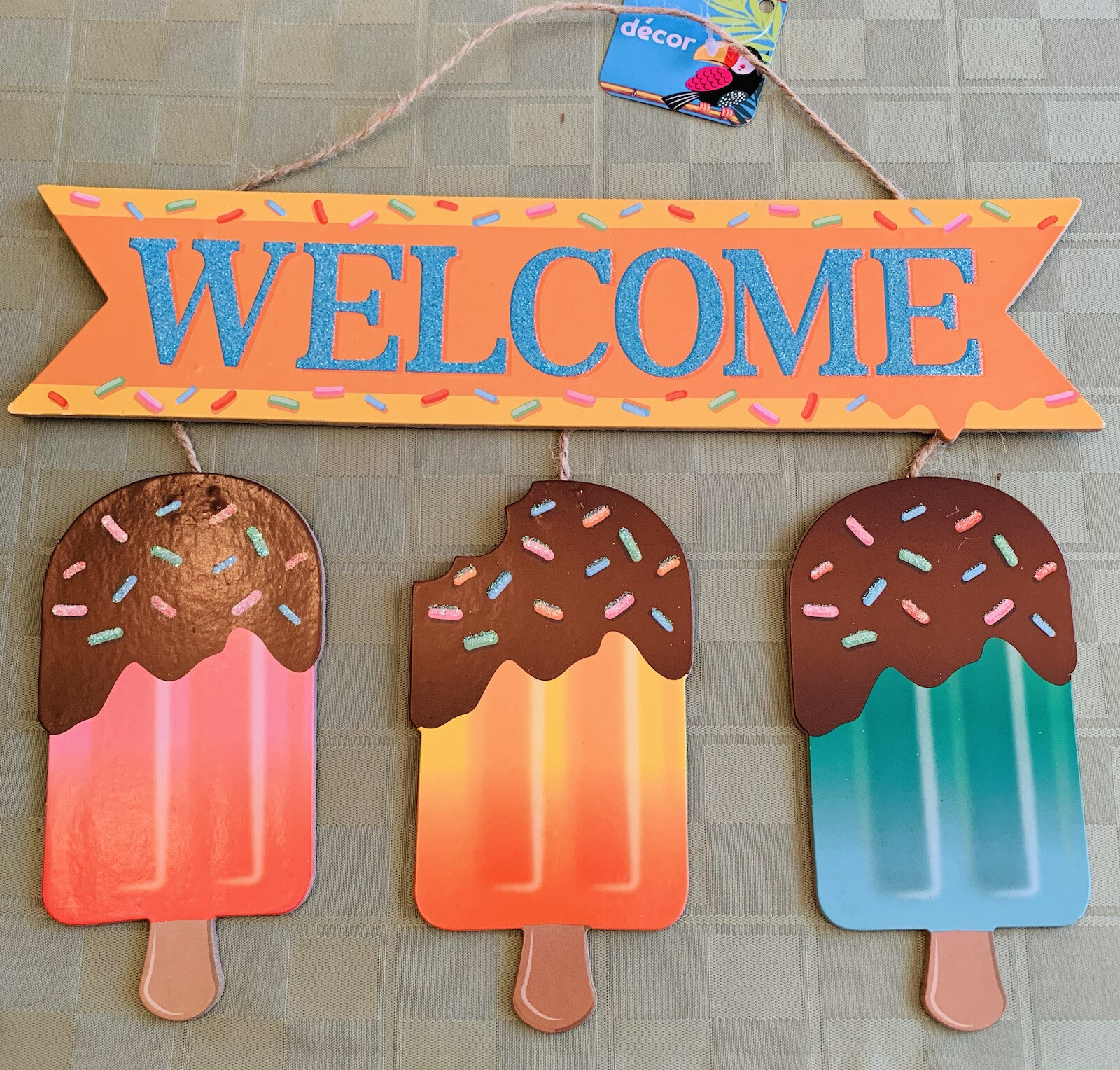 WELCOME Summer Sign Popsicle Frozen Ice Cream Treats Decor Glitter Wall Door NEW