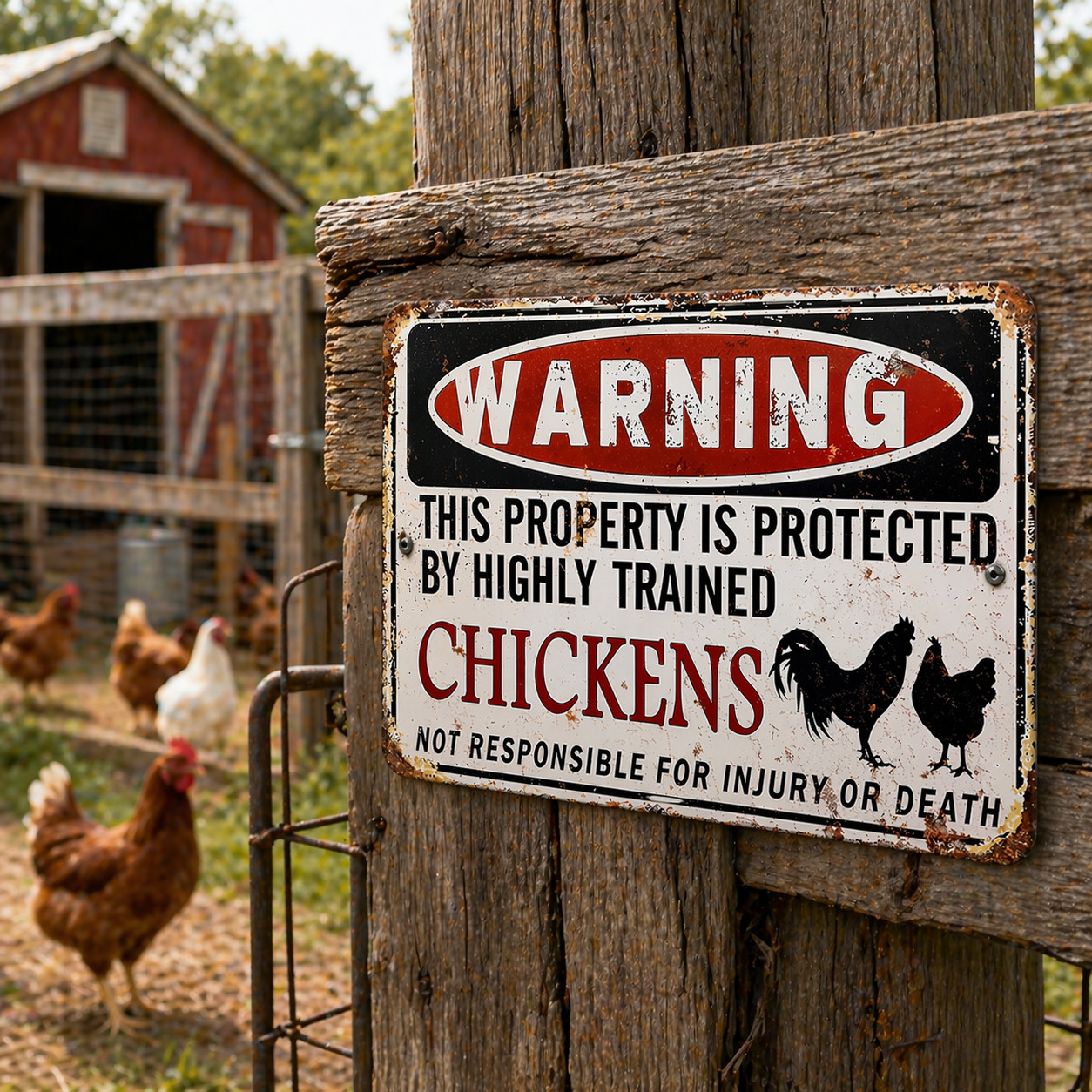 Funny Chicken Coop Warning Sign – Rustic Farmhouse Decor 12×8 Inch Aluminum