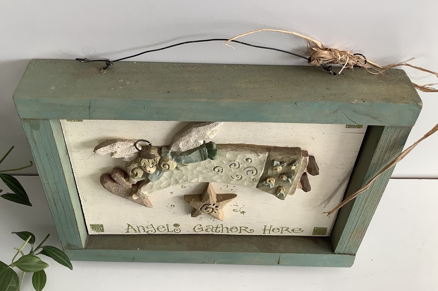 Angels Gather Here Wooden Wall Plaque Rustic Farmhouse Angel Sign 7×9.5”