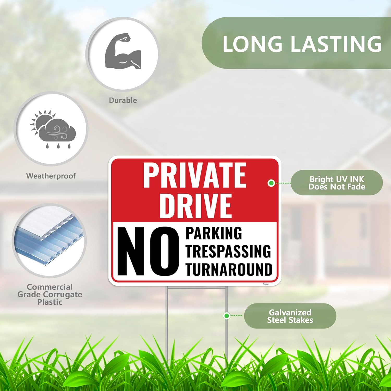 2PC Private Driveway No Turnaround Sign with Stake, 12 Inches by 9 Inches – Corr