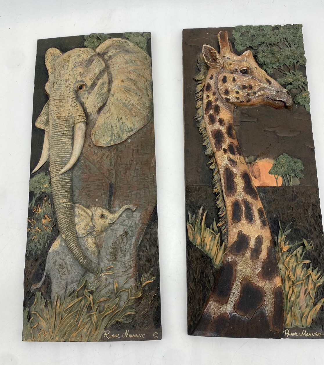 Lot Of 2 Ruane Manning 3D Elephant And Giraffe Wall Plaques Wall Art 10″ x 4″