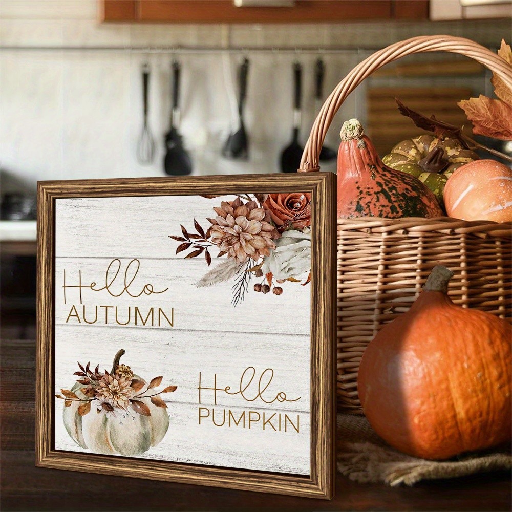 Wooden Frame Print Hello Autumn Hello Pumpkin Floral White Wood Wall Decor
