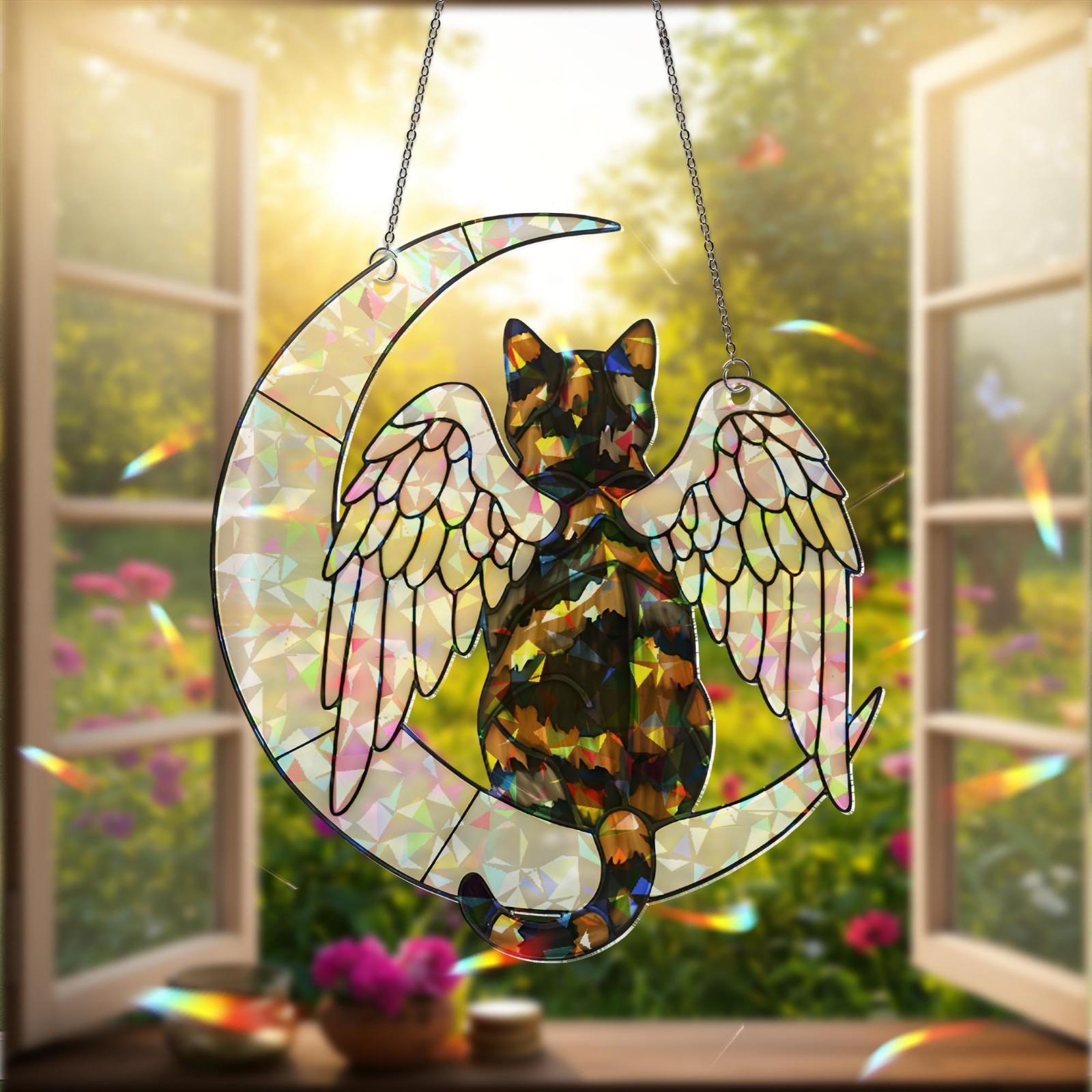 Angel Tortoiseshell Cat on Moon: Hologram Window Hanging