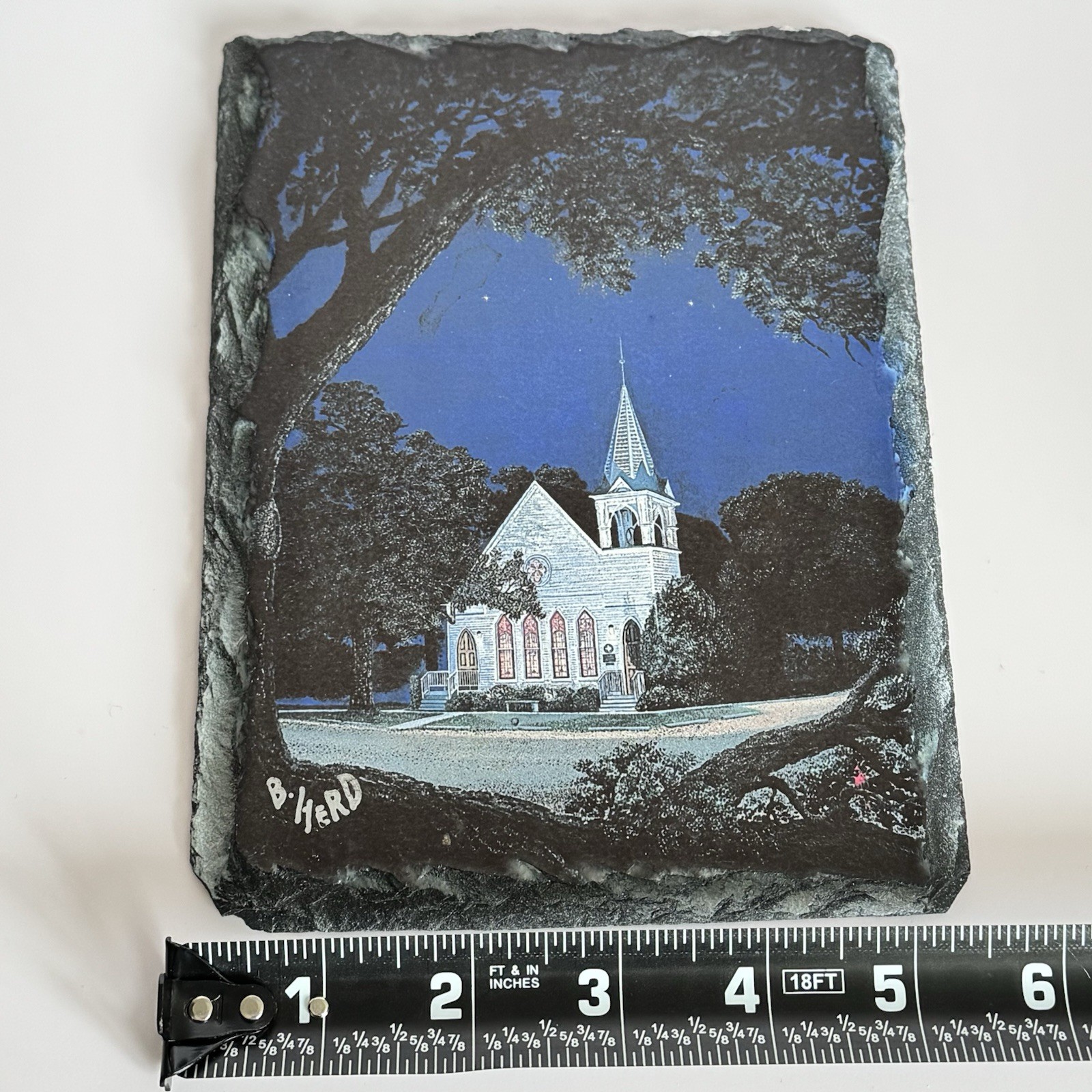 Signed B Herd Slate Art Plaque Church Night Scene Rustic Stone Decor Texas