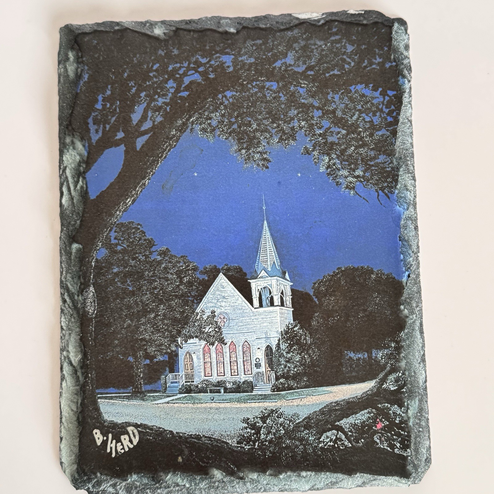 Signed B Herd Slate Art Plaque Church Night Scene Rustic Stone Decor Texas