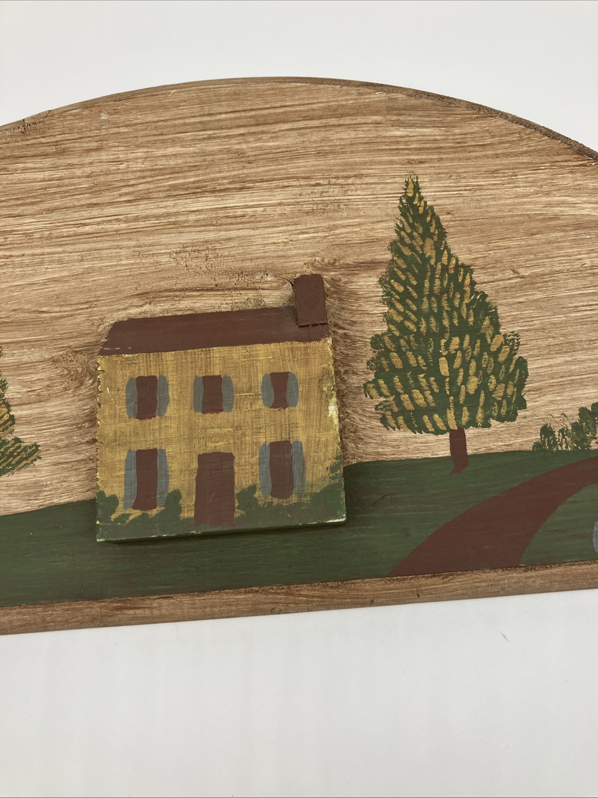 Hand Painted Half Moon Country Scene Wooden Wall Hanging Primitive 3D Folk Art