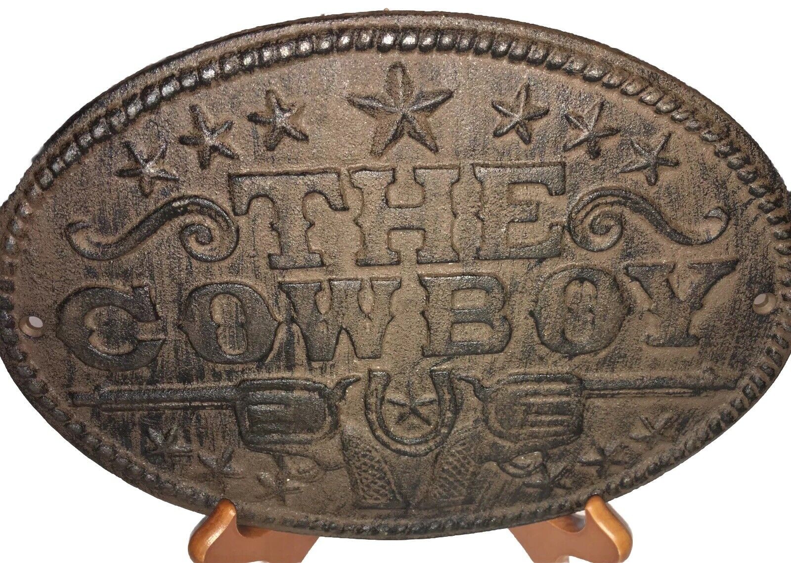 Vintage Cast Iron Cowboy Plaque Sign Rustic Weights 3 pounds