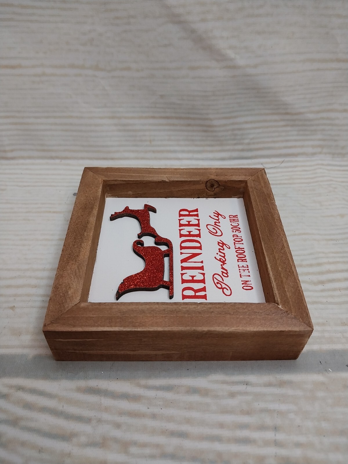 New! “Reindeer Parking Only” Christmas Wood Frame Sign Decor Tier Tray Glitter