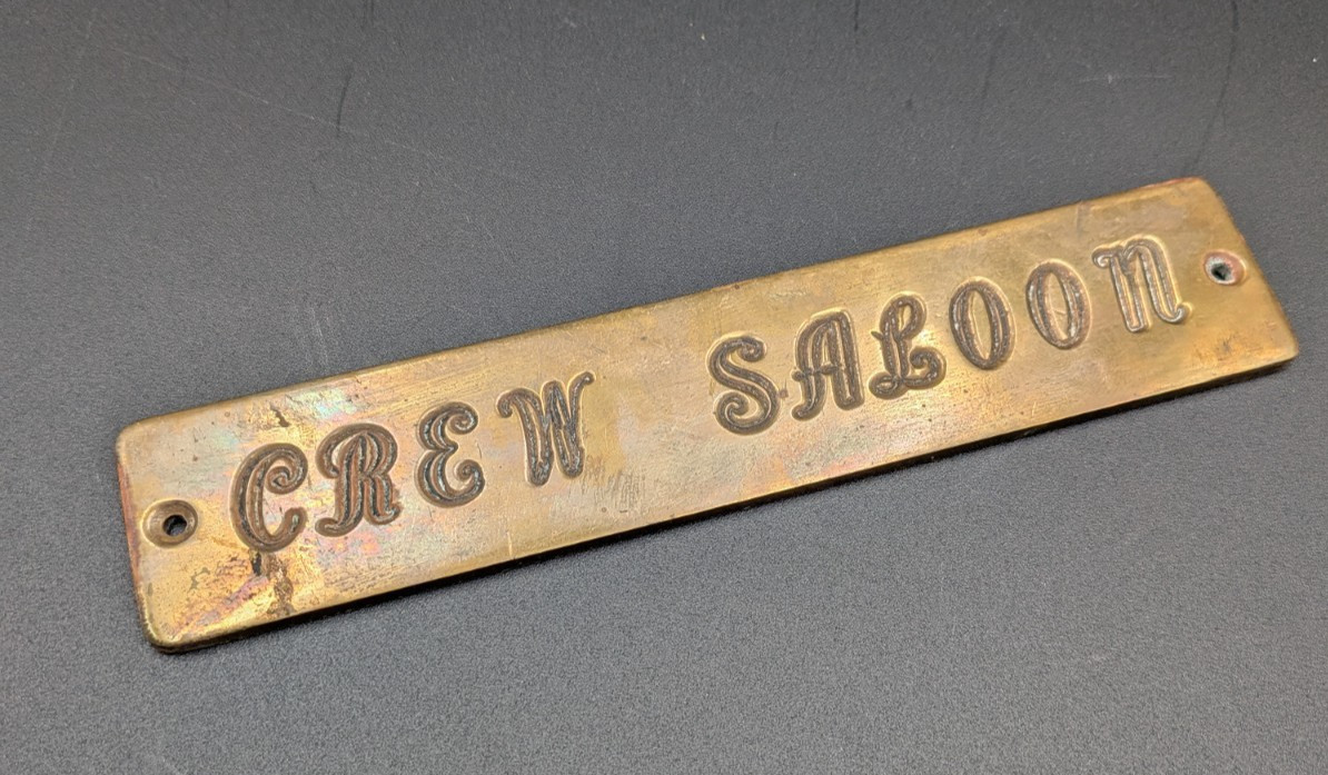 Vintage Brass “CREW SALLON” Plaque Bar Sign 6.75” Wall Plate Man Cave Decor