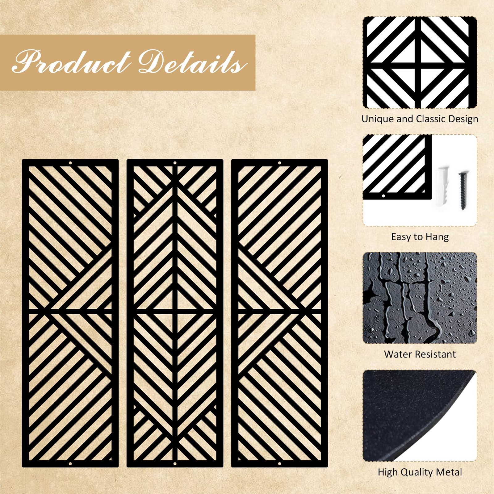 3 PCS Geometric Home Metal Wall Decor Abstract Minimalist Black 22×22 Inch