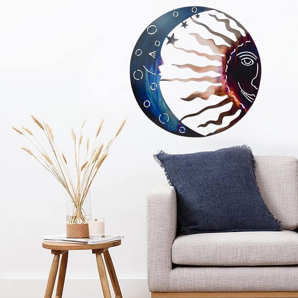 Metal Sun Moon Wall Art Decor, 12″ Large Outdoor Fence Sculpture with Stars f…