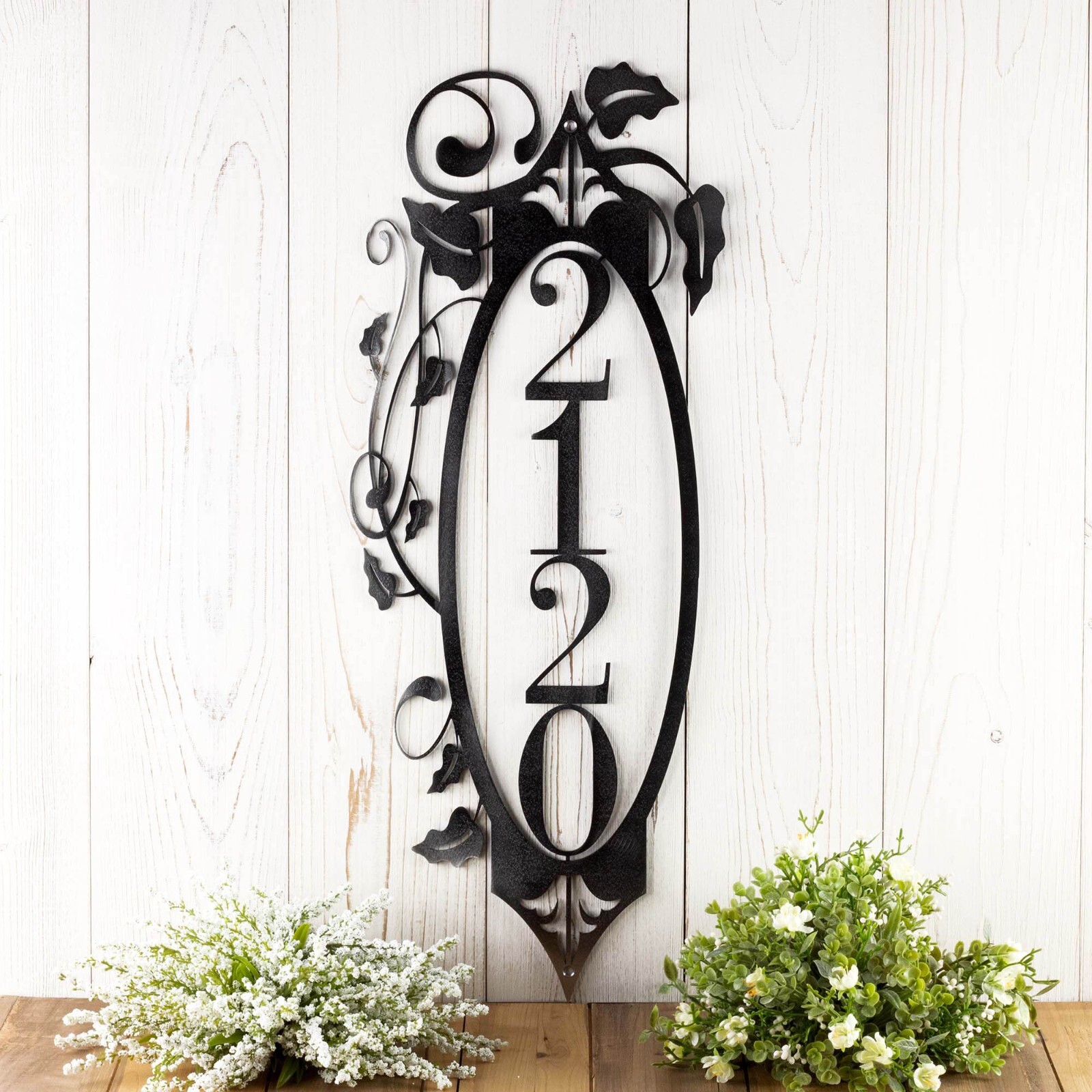 Vertical Metal House Numbers Plaque with Vines and Fleur De Lis