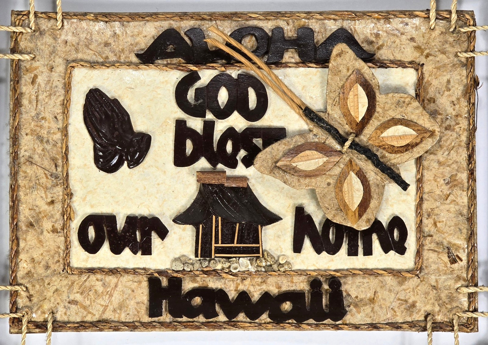 Aloha Hawaii God Bless Our Home Natural Handmade Paper Butterfly Rattan Plaque