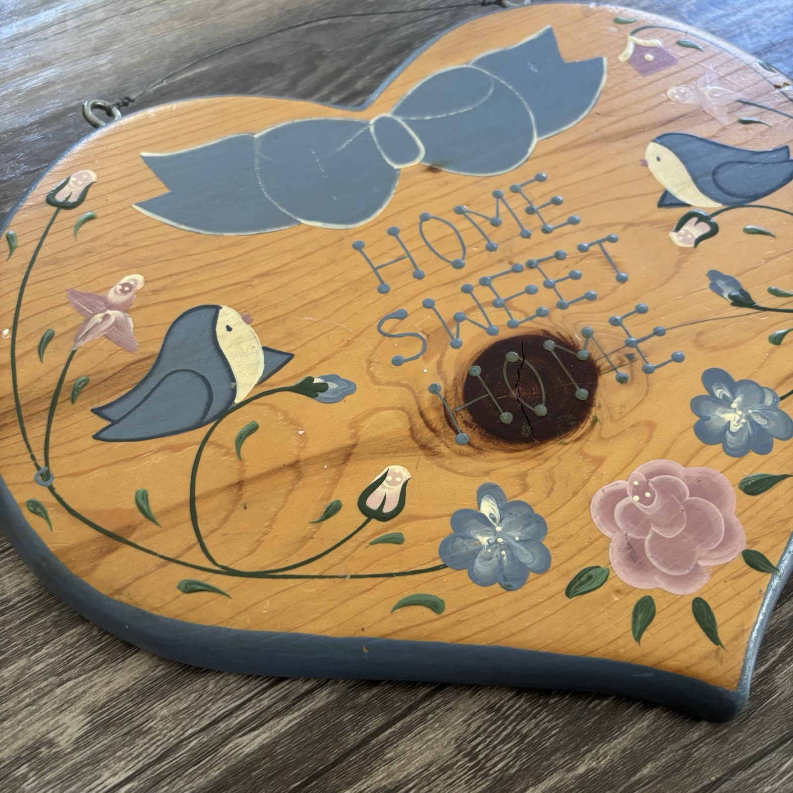 Vintage Country Blue Dusty Rose Birds Home Sweet Home Heart Sign Farmhouse Paint