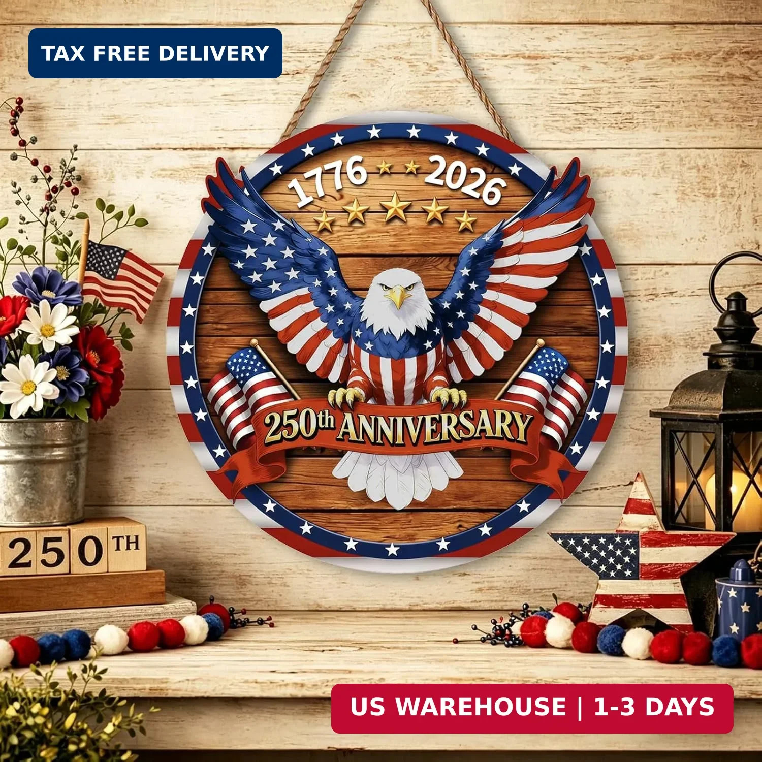 USA 250th Anniversary Decoration, Wooden 4th of July Eagle Door Sign 1776-2026